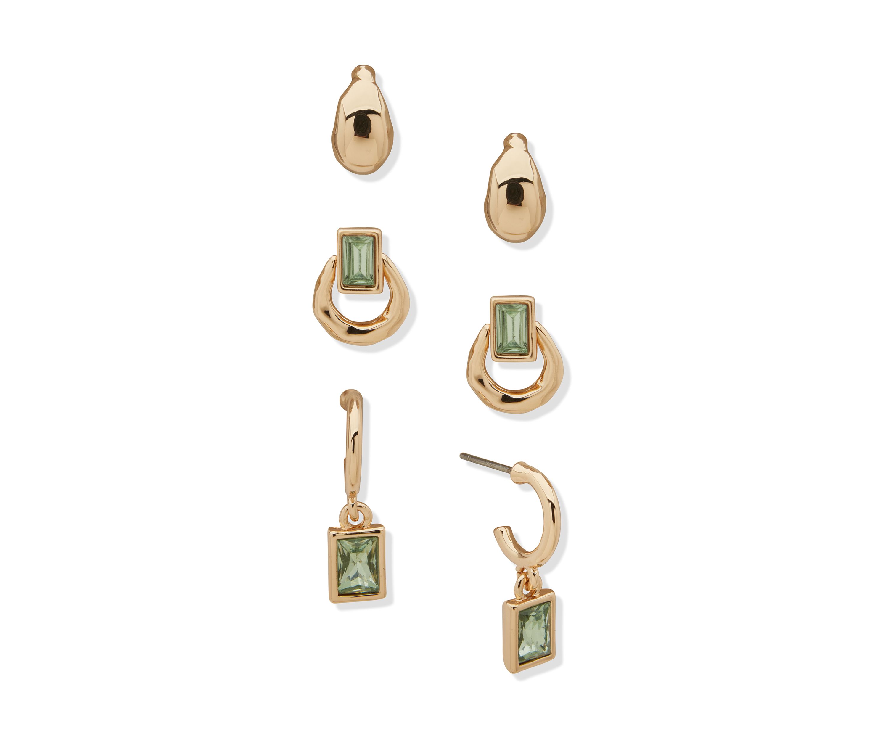 Gold Tone Green Organic Trio Earrings Set
