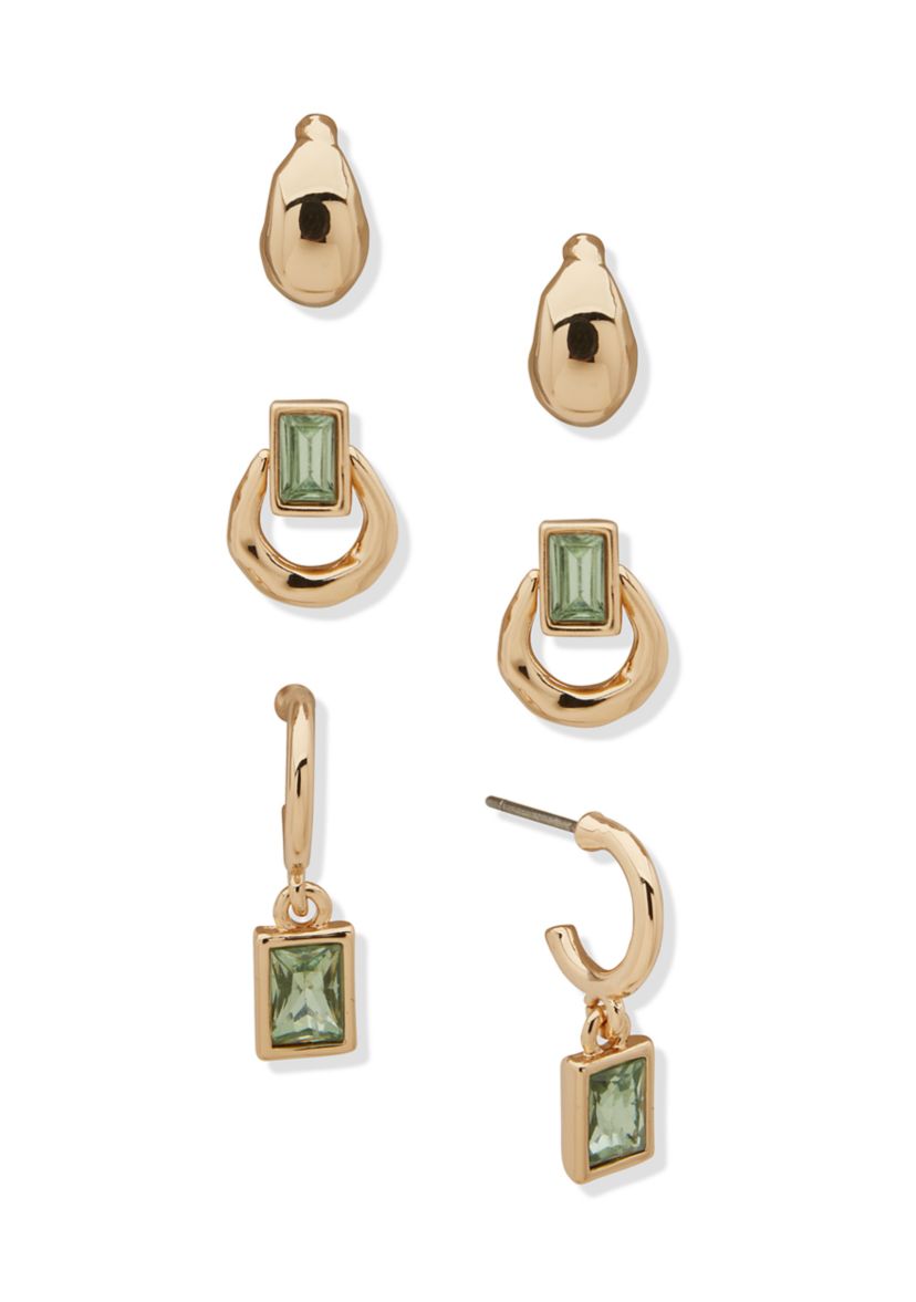Gold Tone Green Organic Trio Earrings Set