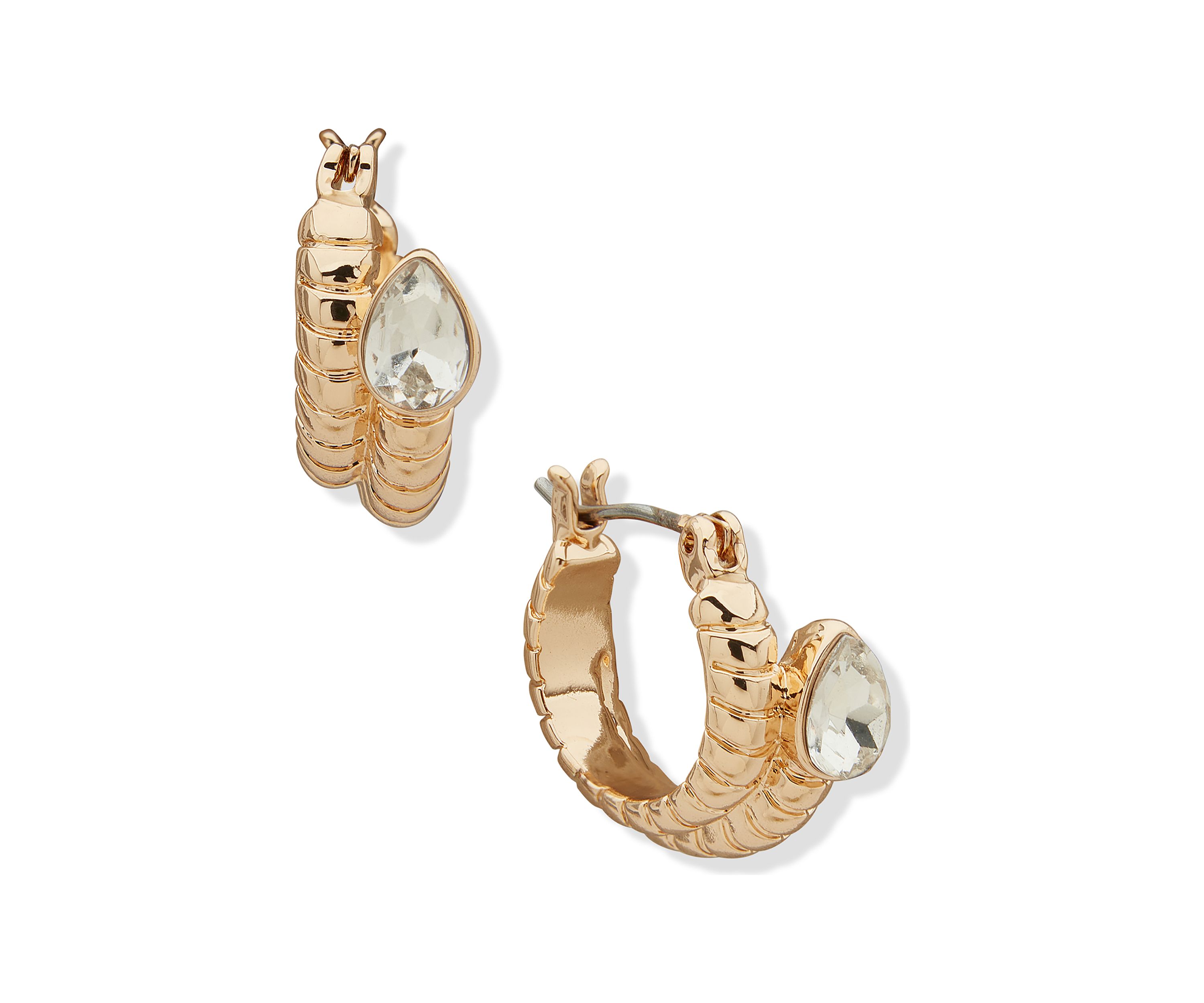 Gold Tone Crystal Chain 17 Millimeter Hoop Earrings
