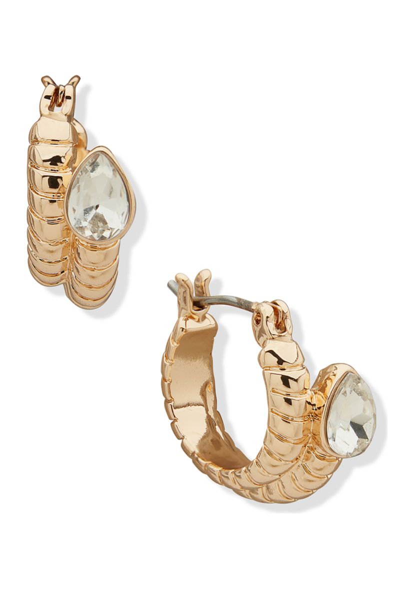 Gold Tone Crystal Chain 17 Millimeter Hoop Earrings