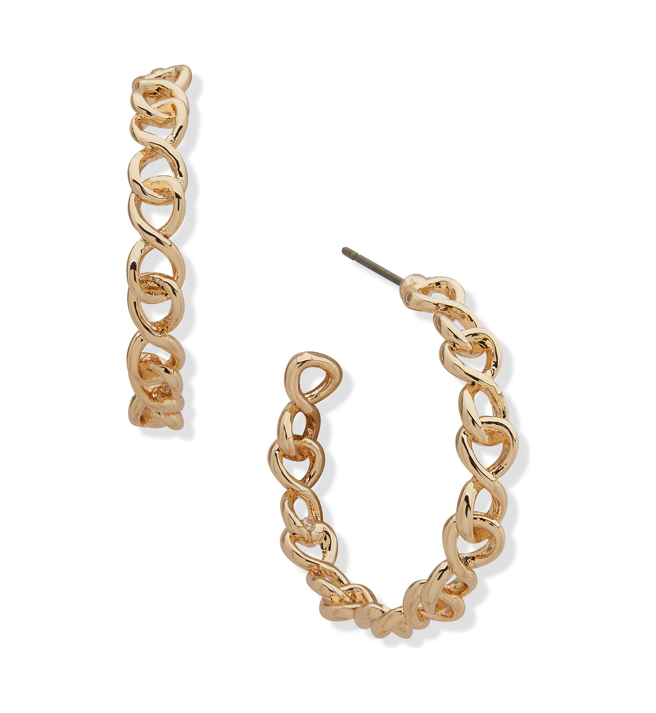 32 Millimeter Gold Tone Chain C Hoop Earrings