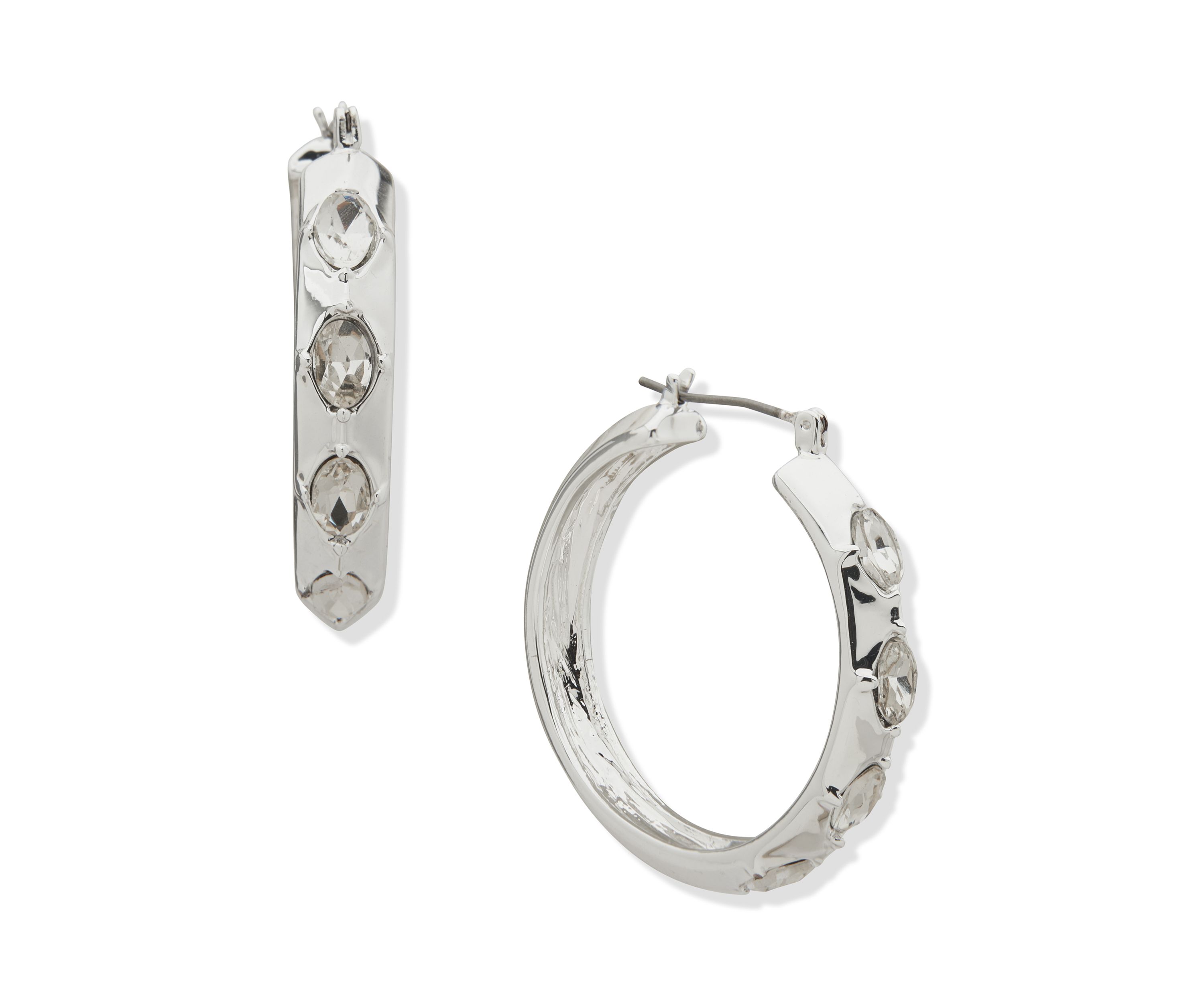36 Millimeter Silver Tone Crystal Stone Hoop Earrings