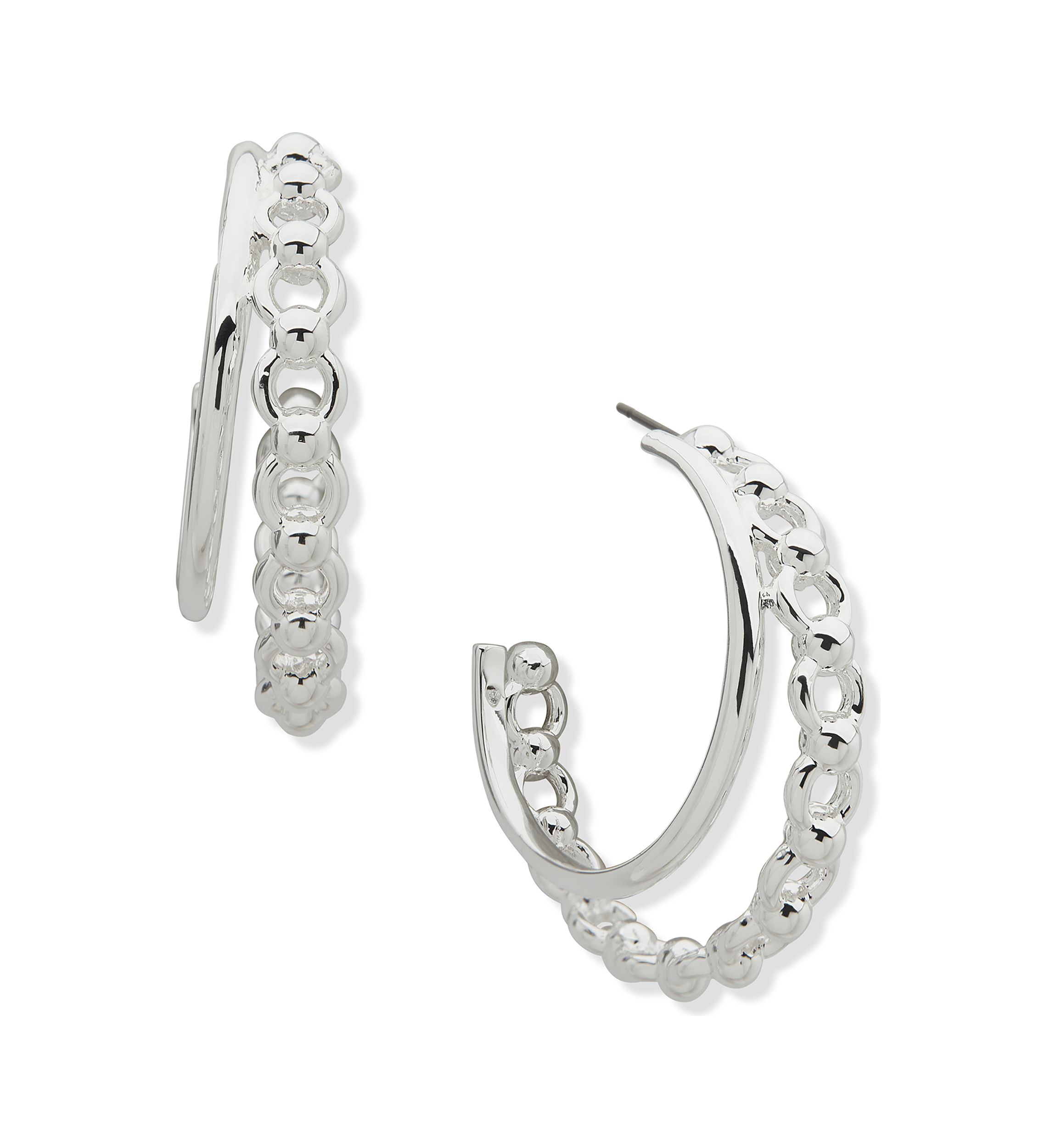 Silver Tone Double Chain Hoop Earrings