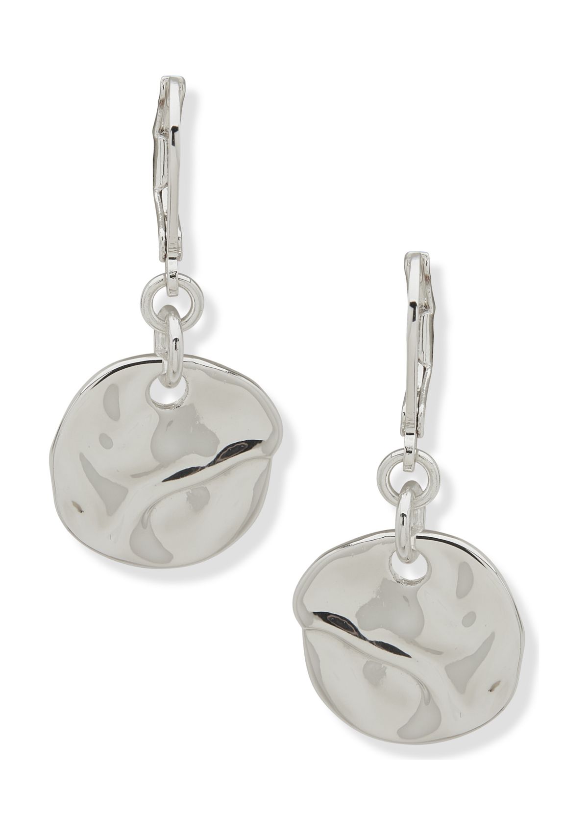 Silver Tone Molten Disc Drop Lever Back Earrings