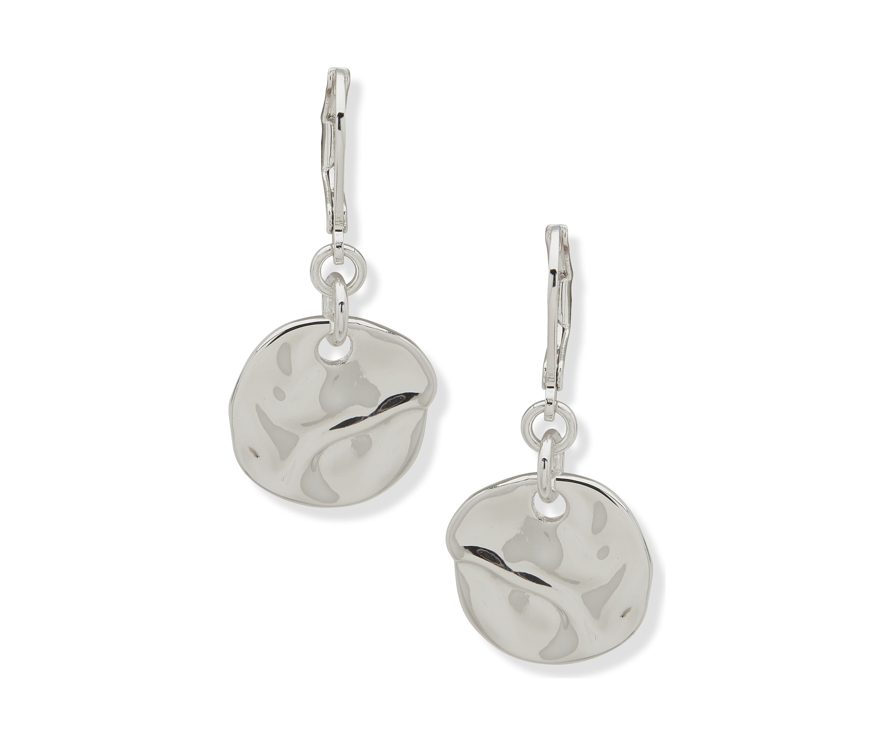 Silver Tone Molten Disc Drop Lever Back Earrings