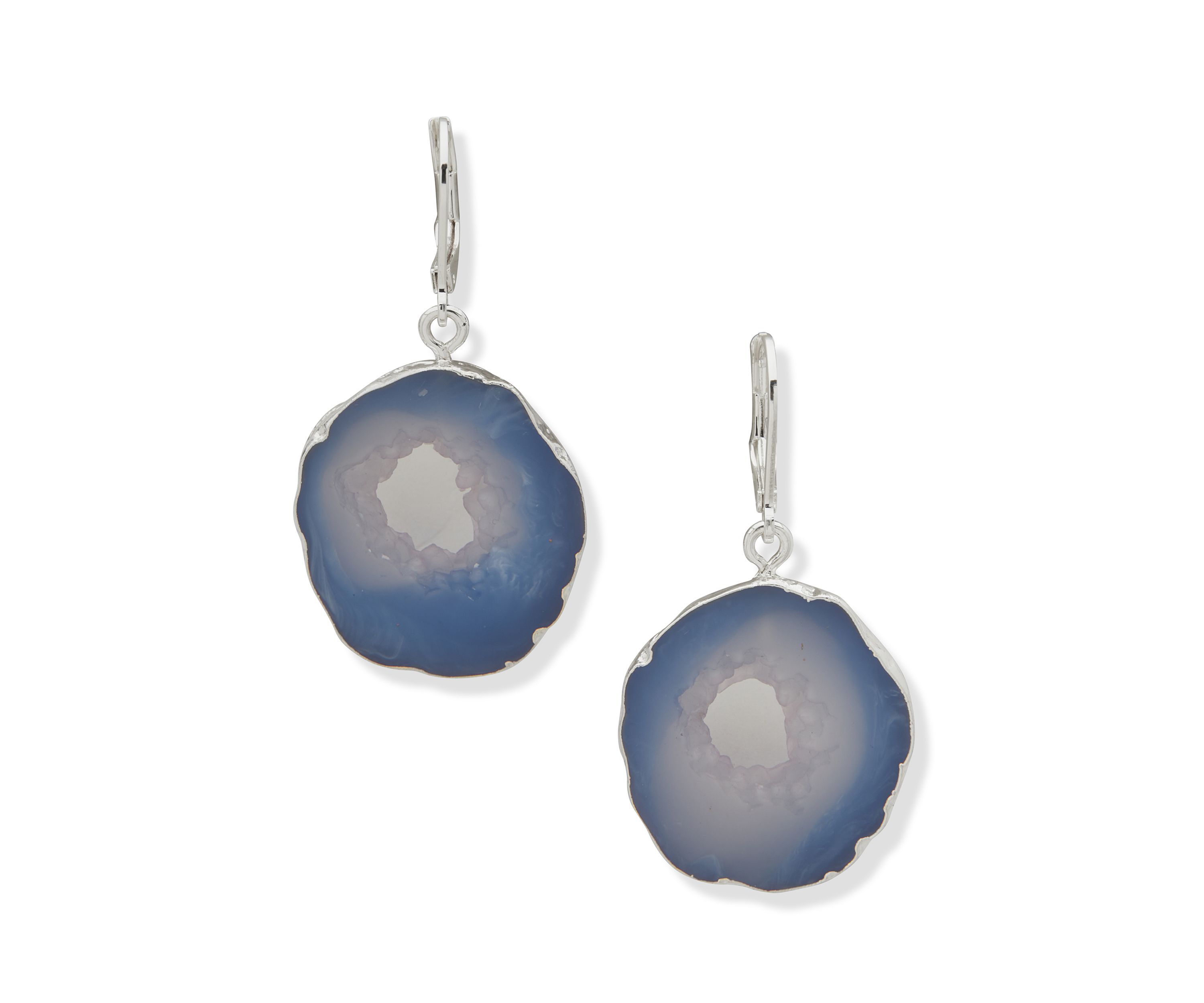 Silver Tone Blue Slab Drop Lever Back Earrings