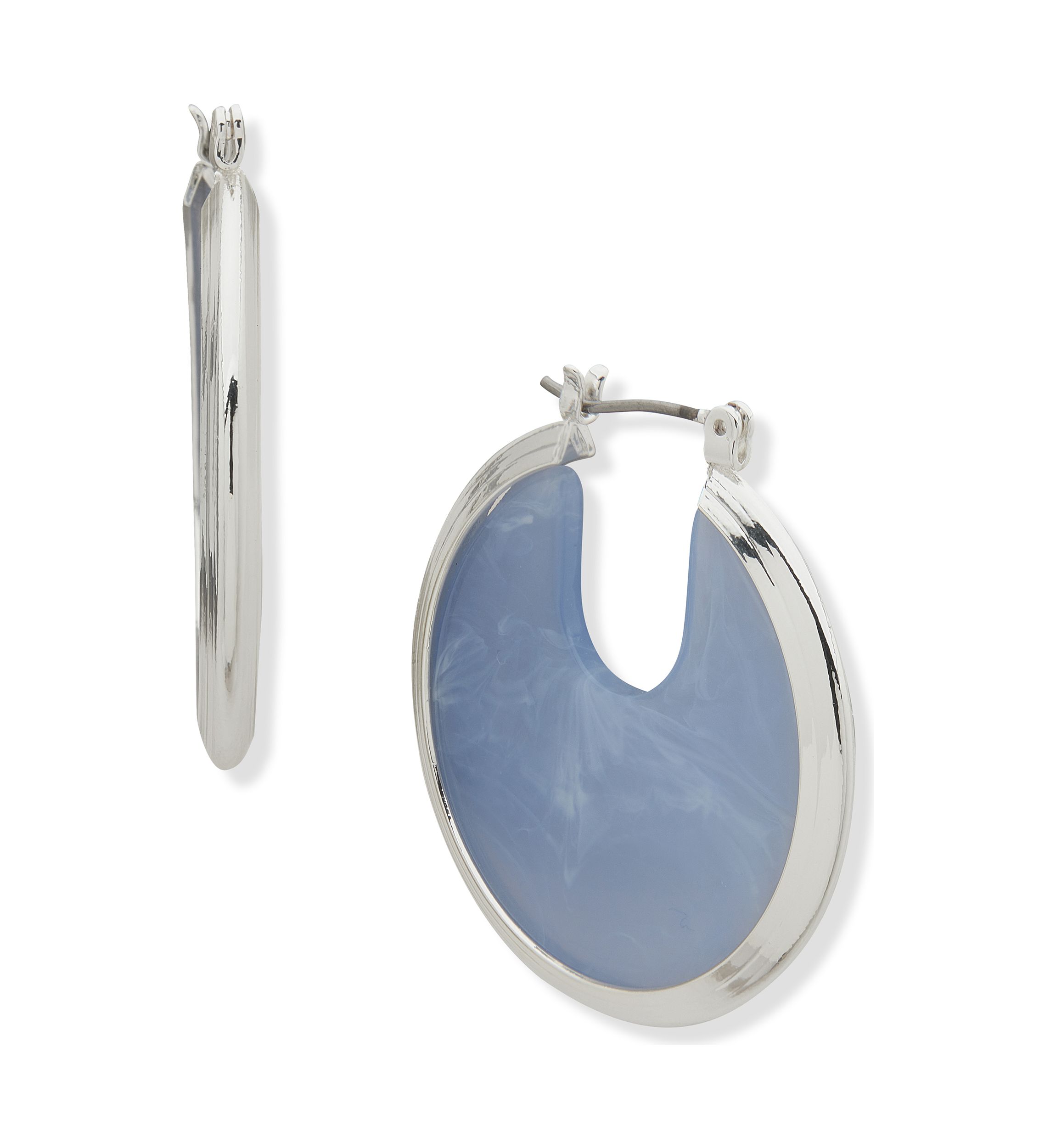 Silver Tone Blue Stone 36 Millimeter Click Top Hoop Earrings