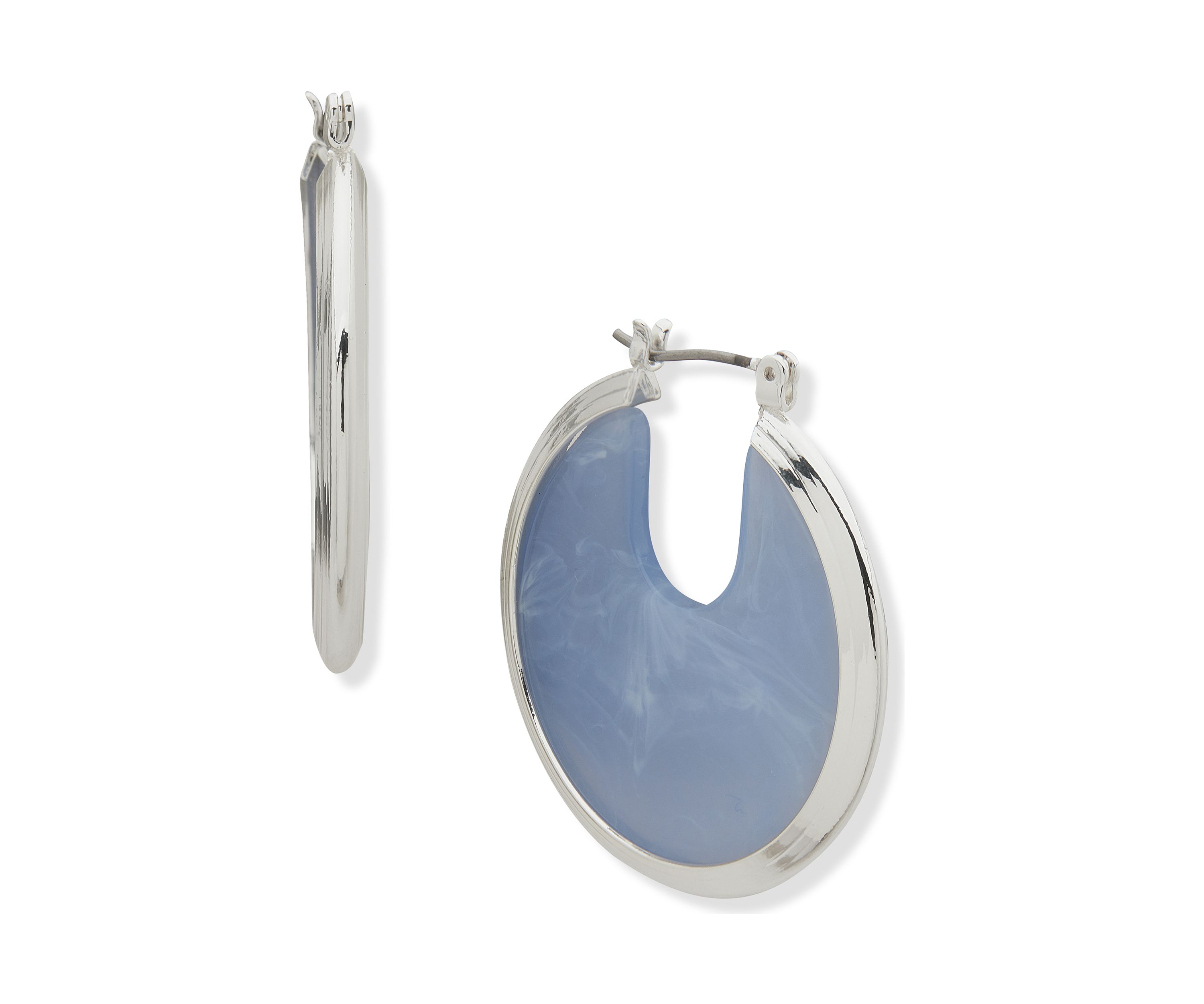 Silver Tone Blue Stone 36 Millimeter Click Top Hoop Earrings