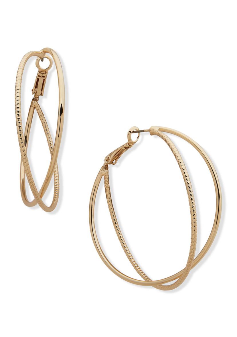 Gold Tone 50 Millimeter Twisted Click Top Hoop Earrings