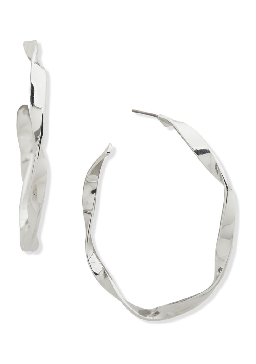 Silver Tone 56 Millimeter Twisted Hoop Earrings
