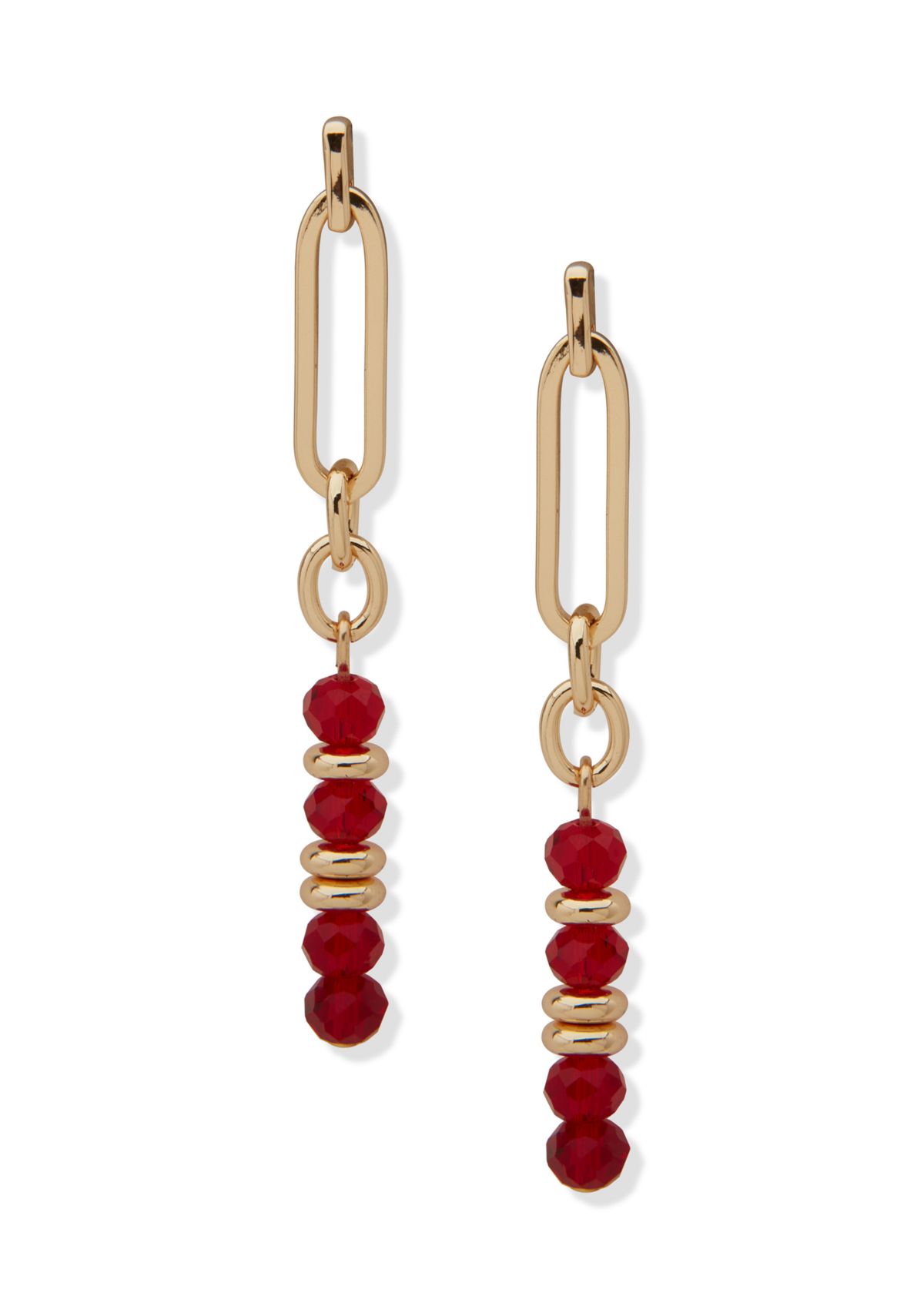 Gold Tone Red Beaded Linear Earrings