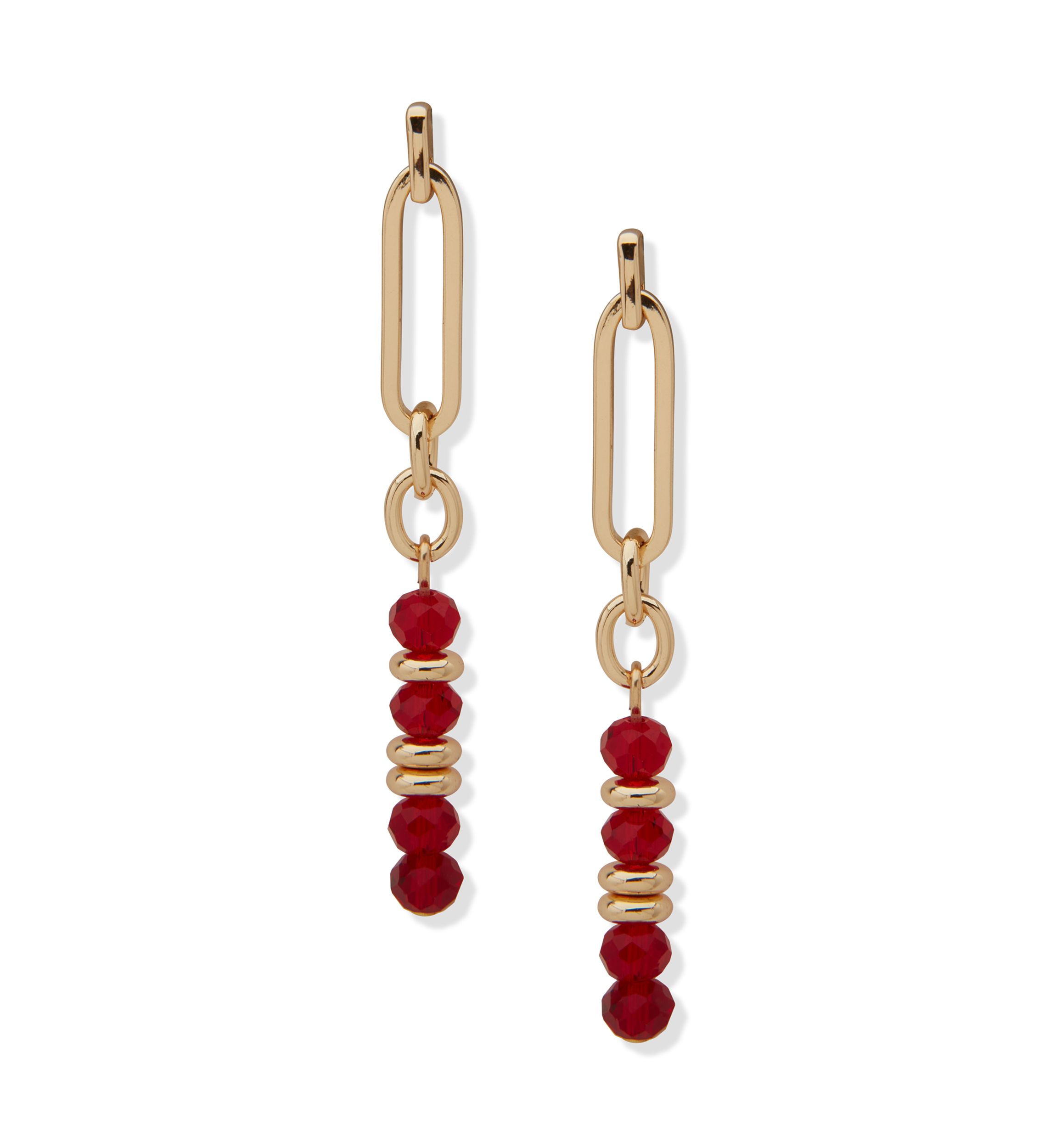 Gold Tone Red Beaded Linear Earrings