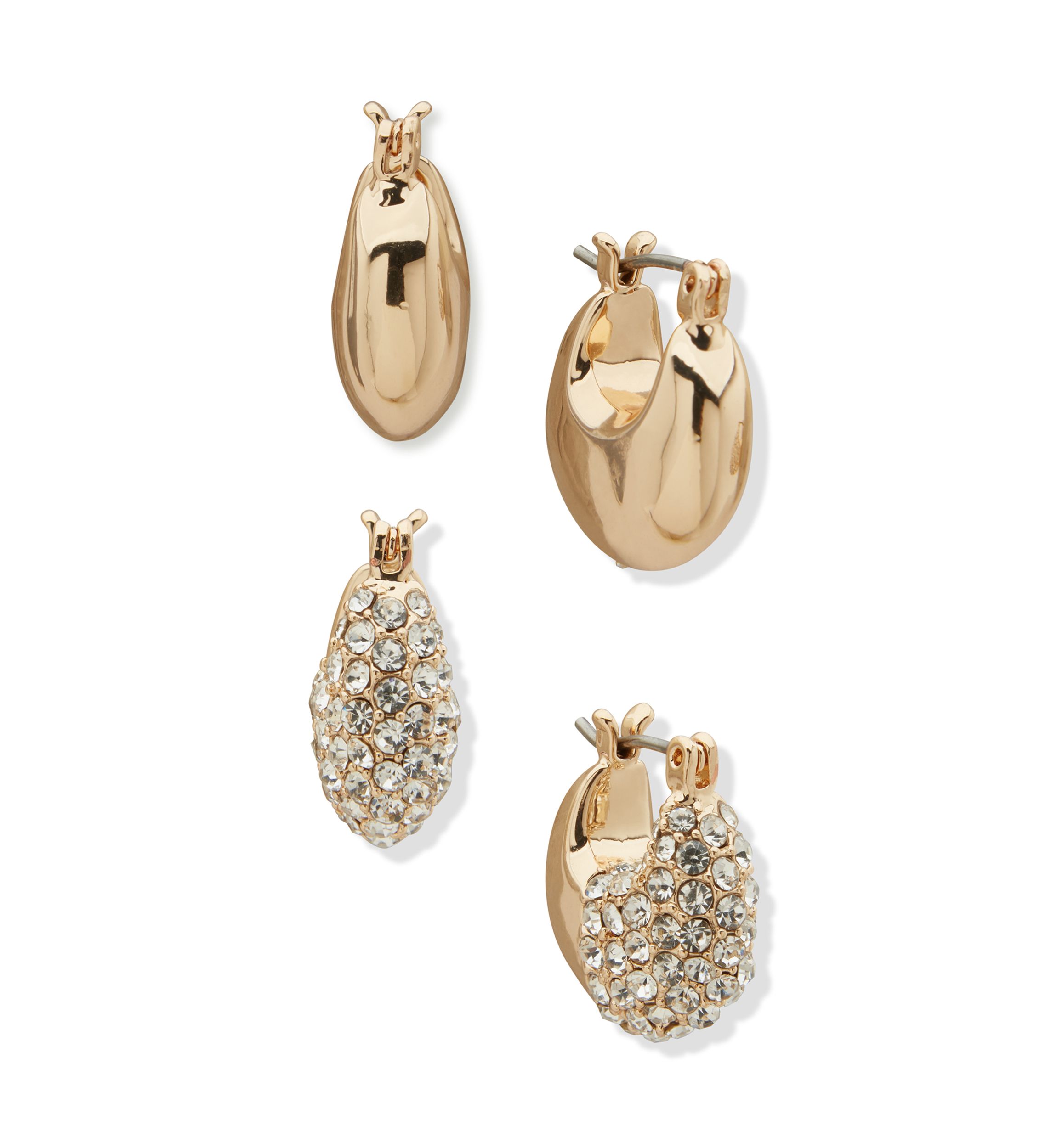 Gold Tone Crystal Puffy Hoop Earrings Set
