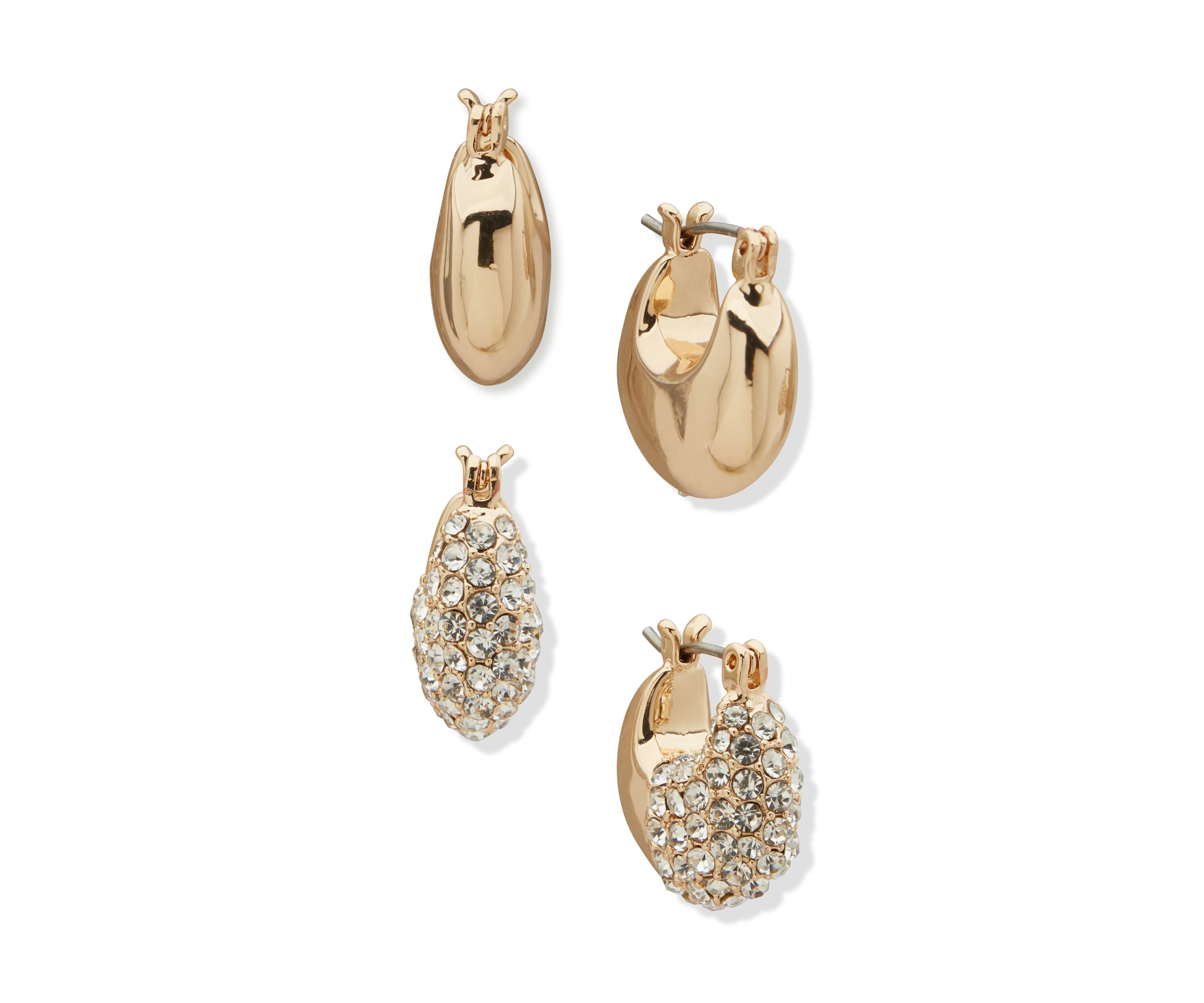 Gold Tone Crystal Puffy Hoop Earrings Set