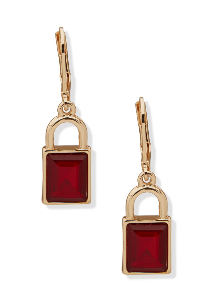 Gold-Tone Red Square Drop Earrings