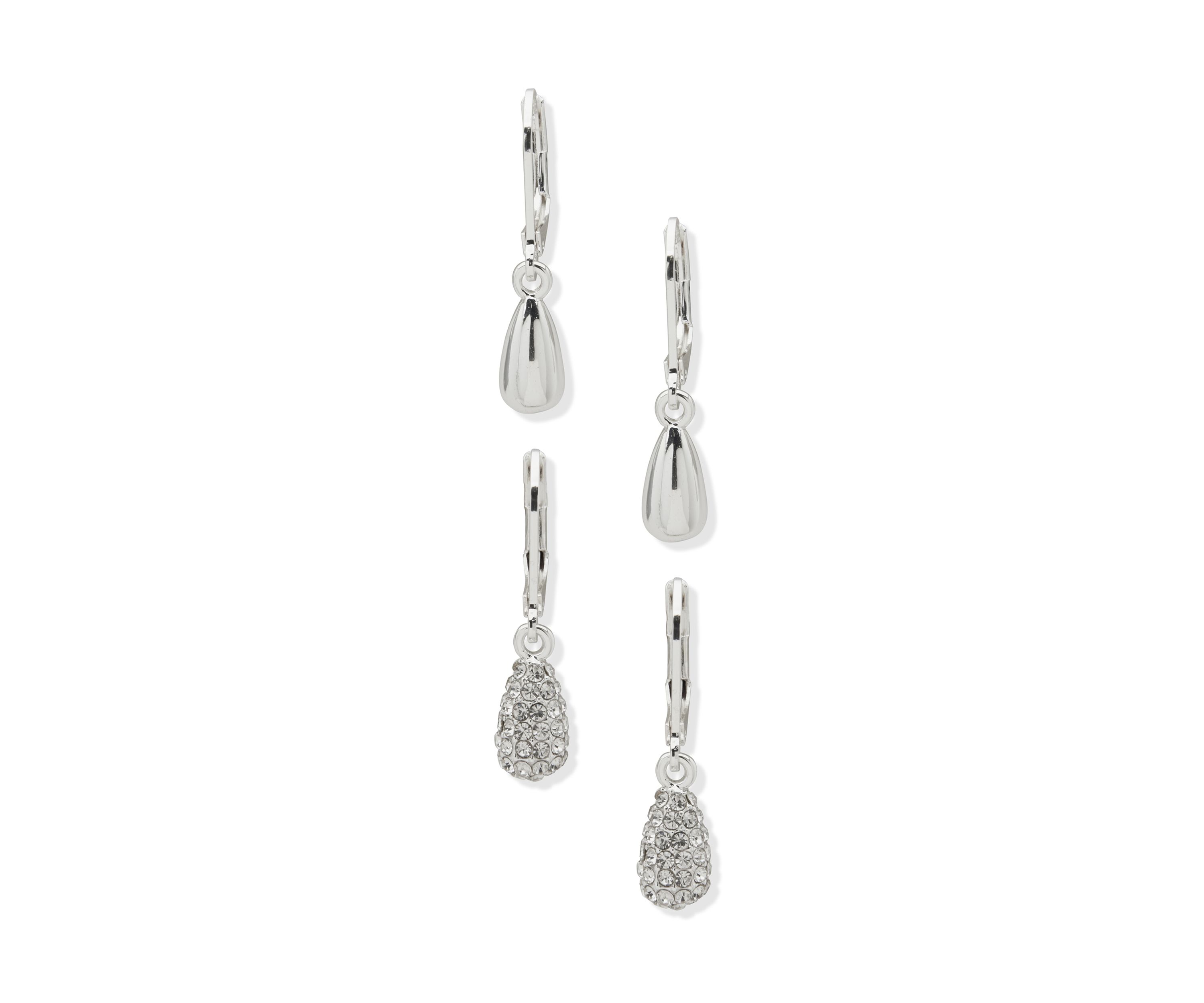 Silver Tone Crystal Teardrop Lever Back Earrings Set