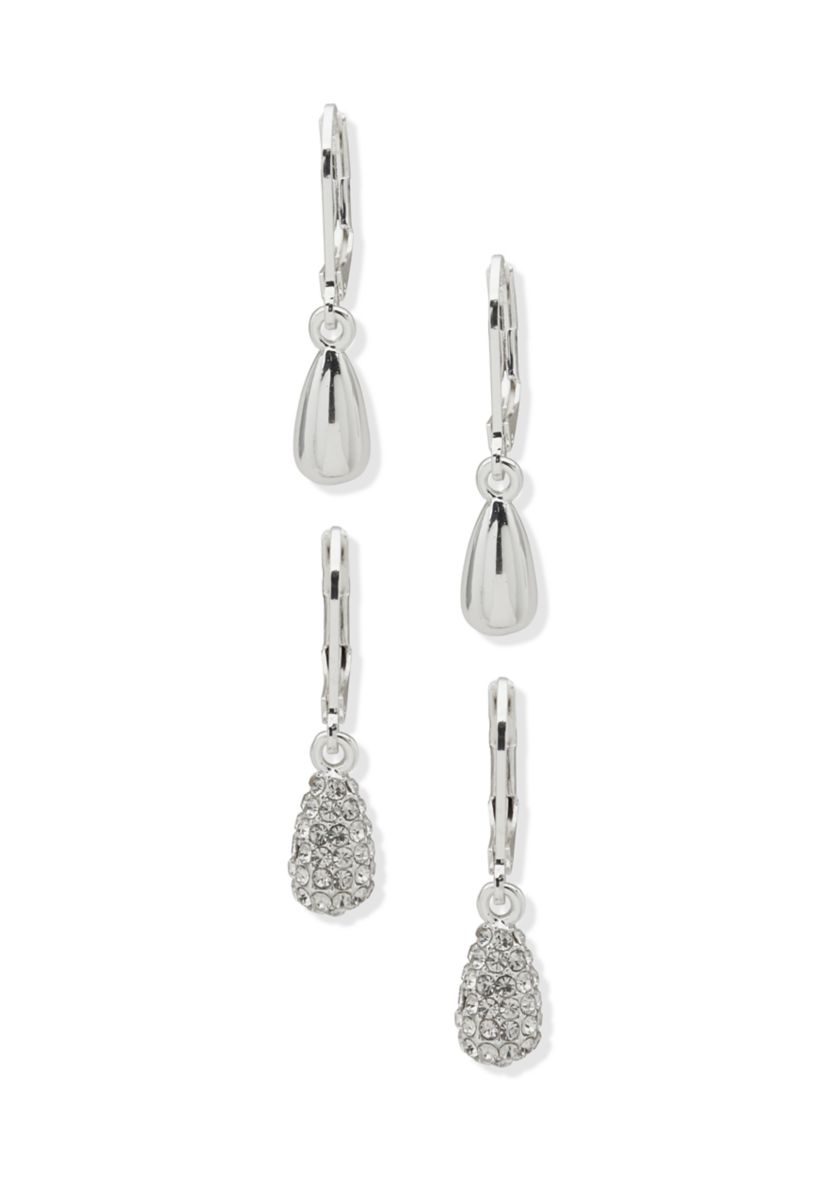 Silver Tone Crystal Teardrop Lever Back Earrings Set