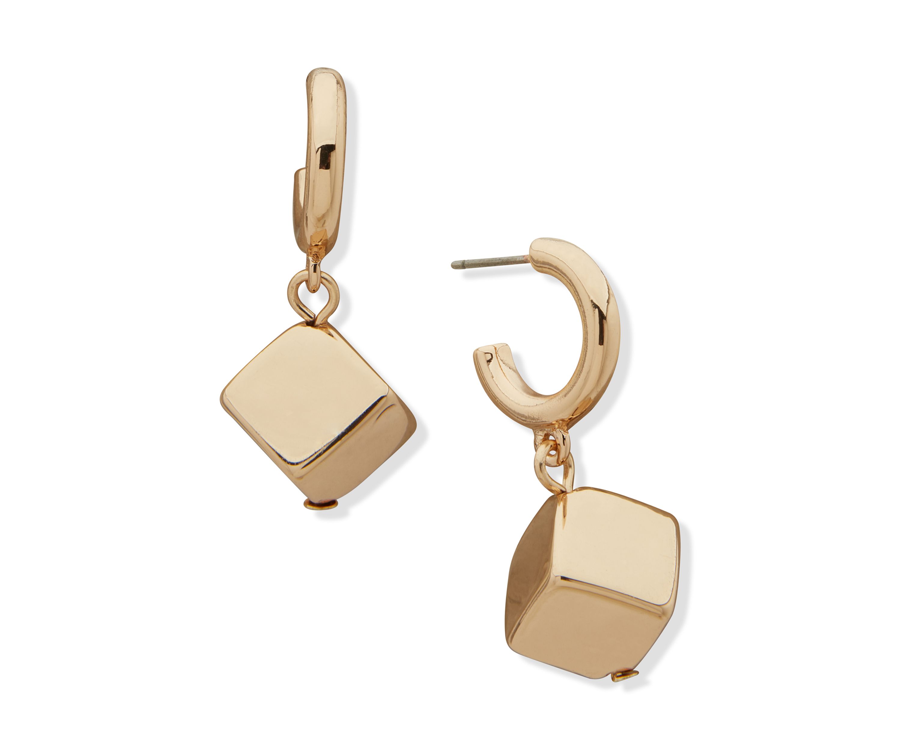 Gold Tone Huggie Cube Drop Earrings