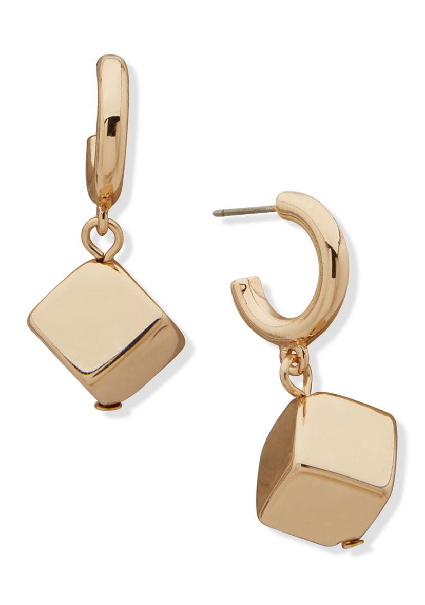 Gold Tone Huggie Cube Drop Earrings