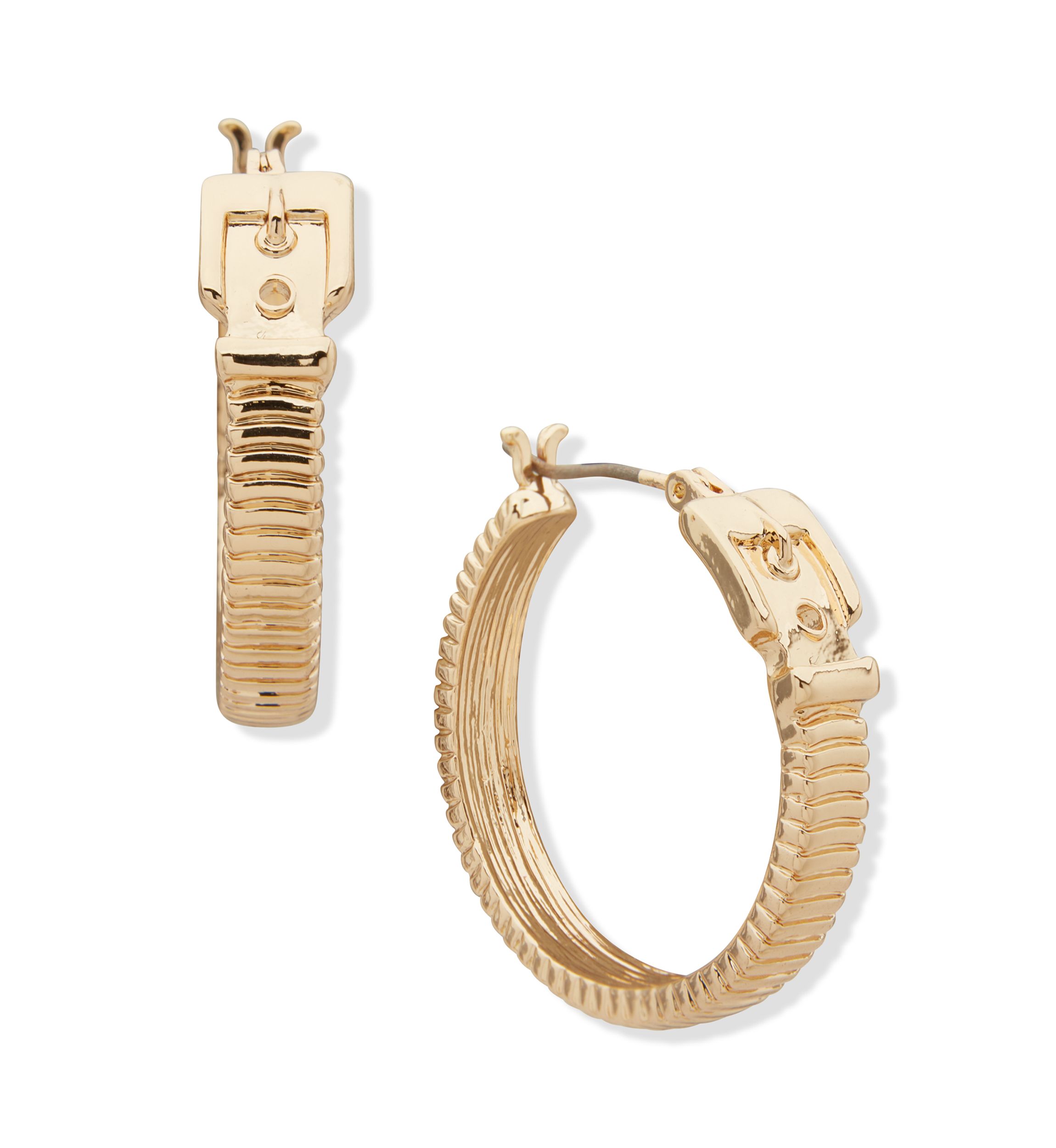 Gold Tone Chain Buckle Hoop Earrings