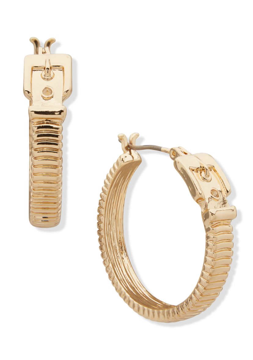 Gold Tone Chain Buckle Hoop Earrings