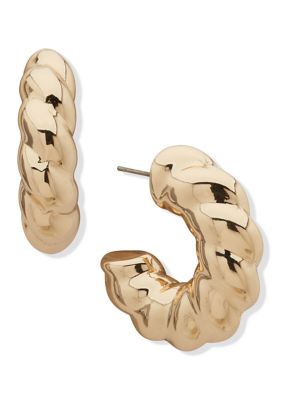 Nine West Puffy Gold Tone Twist C Hoop Earrings