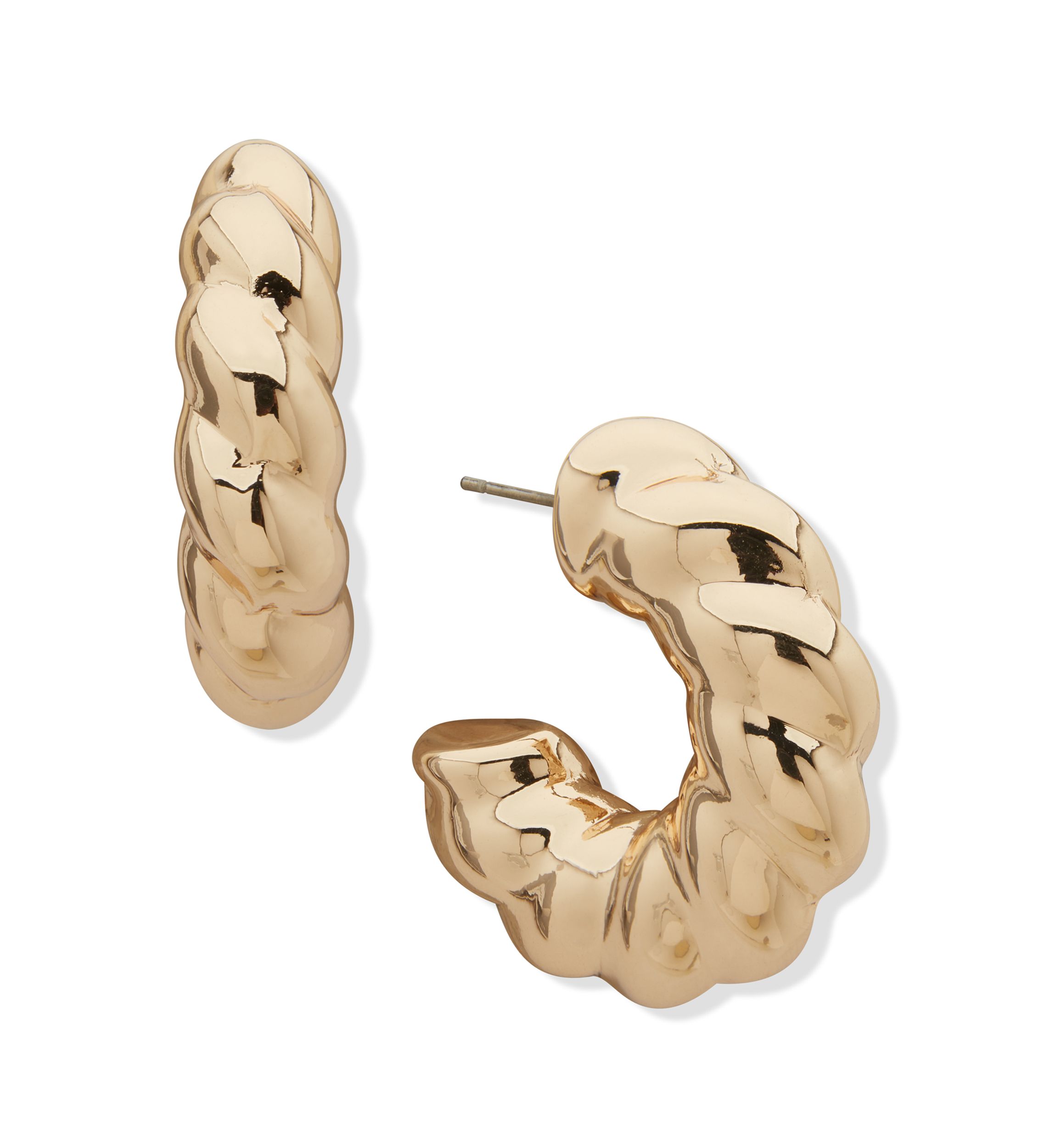  Puffy Gold Tone Twist C Hoop Earrings