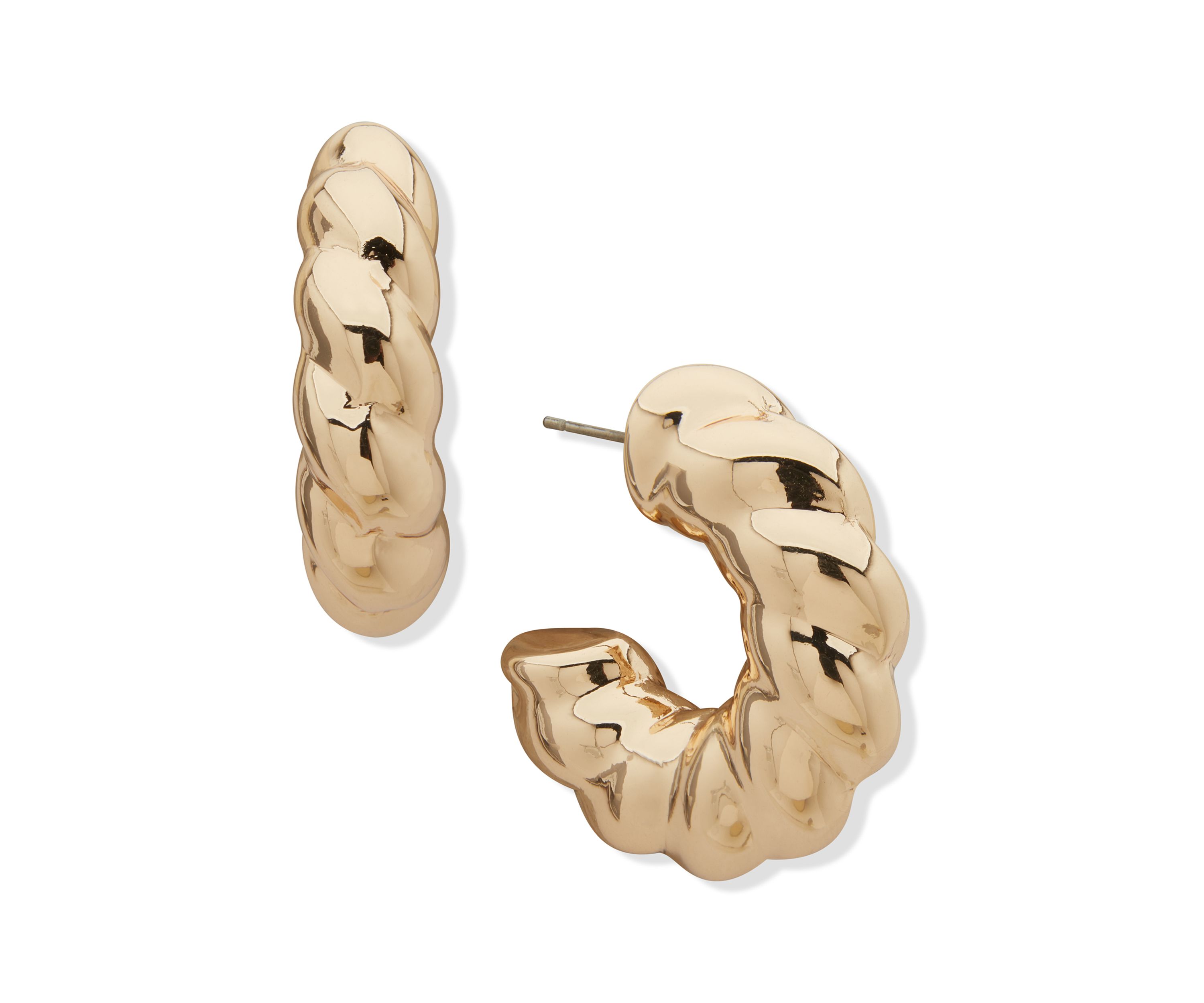  Puffy Gold Tone Twist C Hoop Earrings