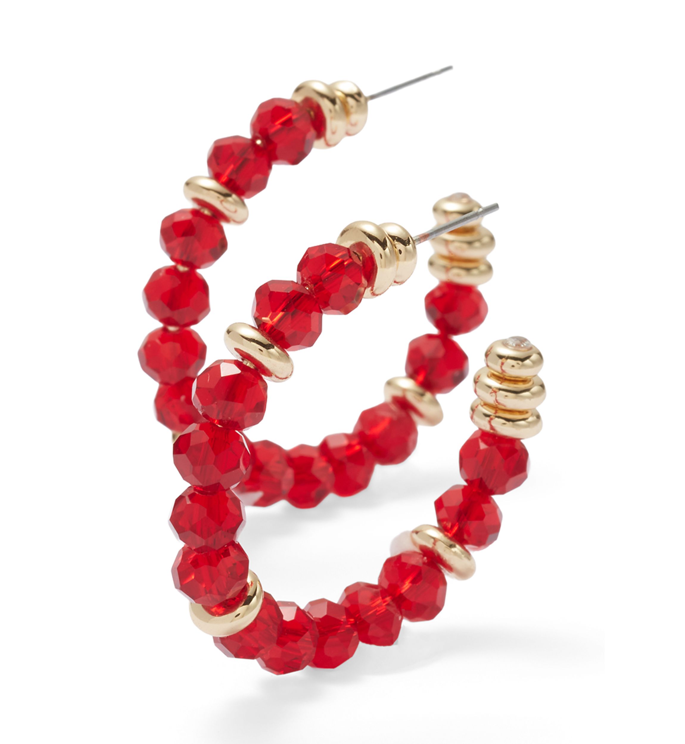 Red Beaded Gold Hoop Earrings