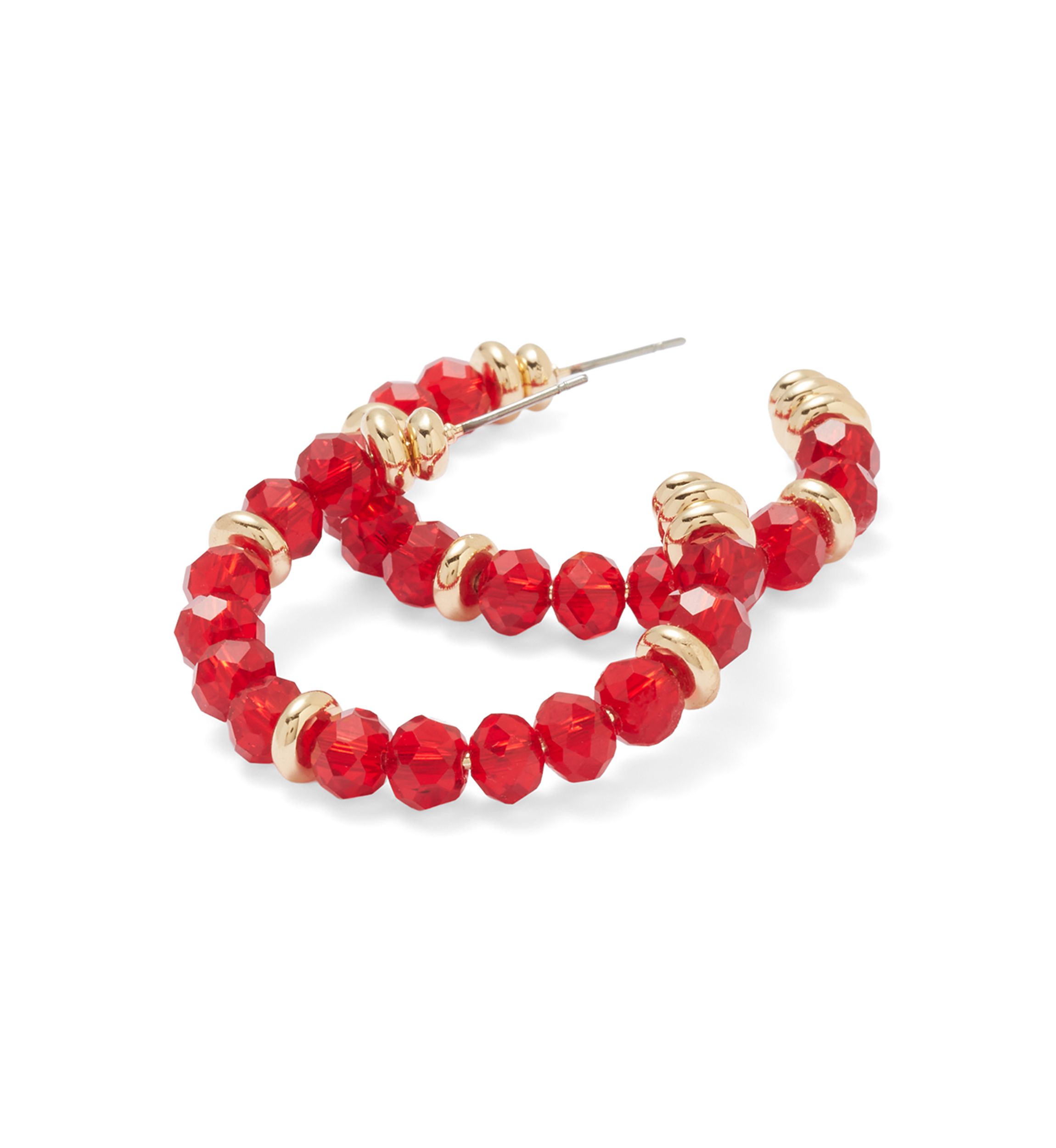 Red Beaded Gold Hoop Earrings