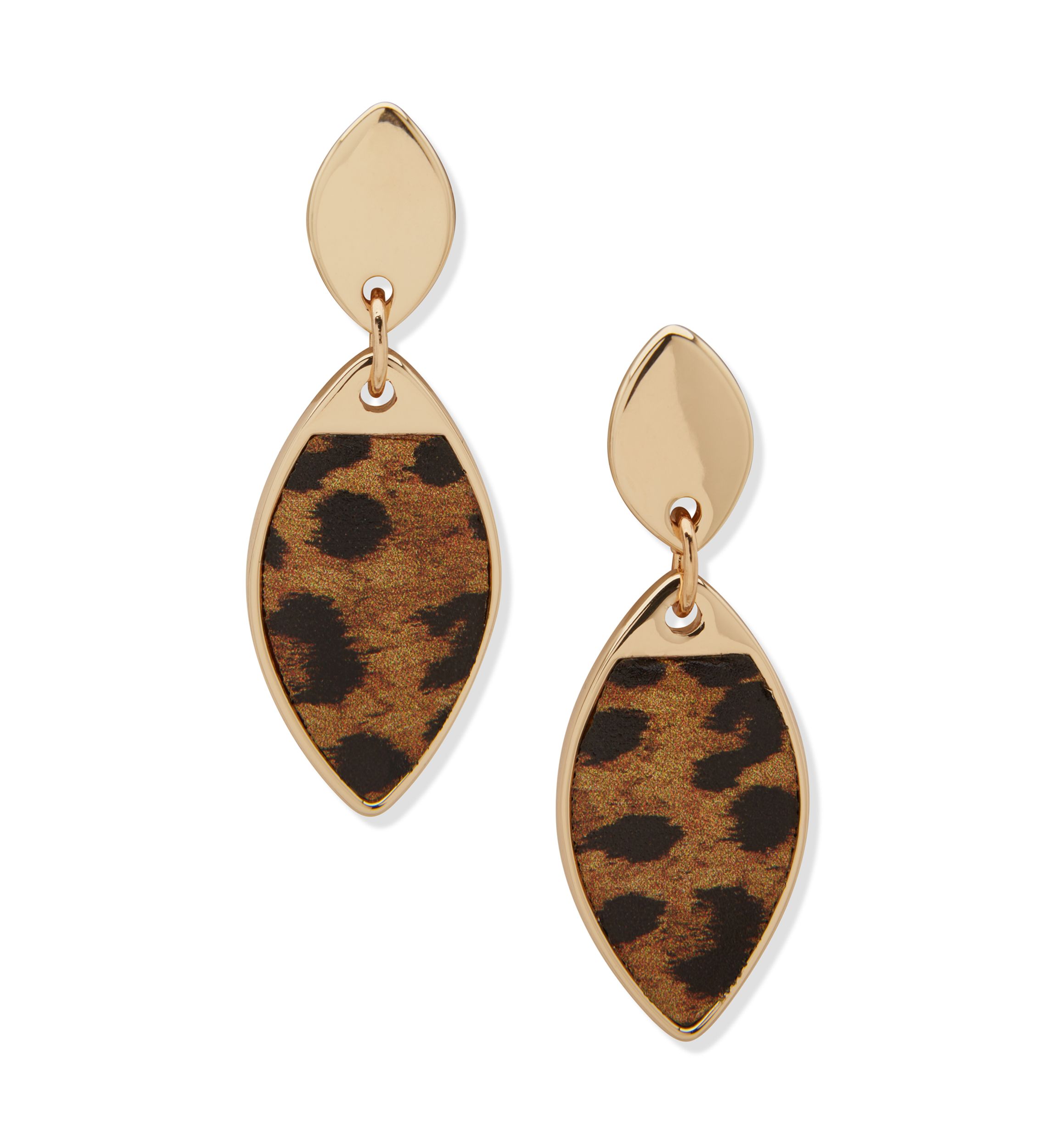 Gold Tone Brown Leopard Drop Earrings