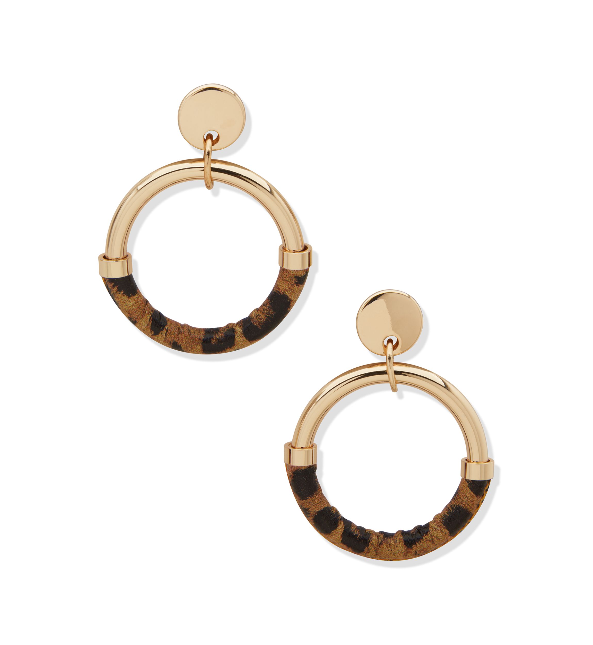 Gold Tone Brown Leopard Doorknocker Earrings