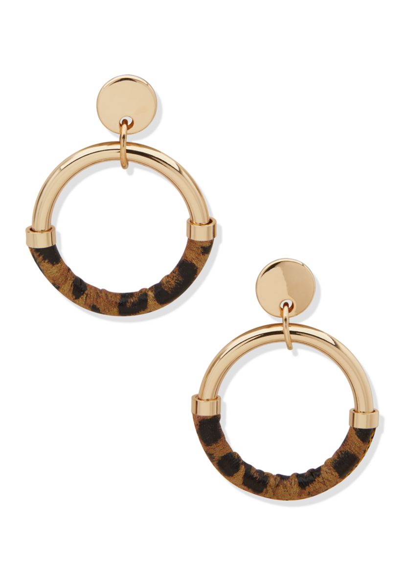 Gold Tone Brown Leopard Doorknocker Earrings