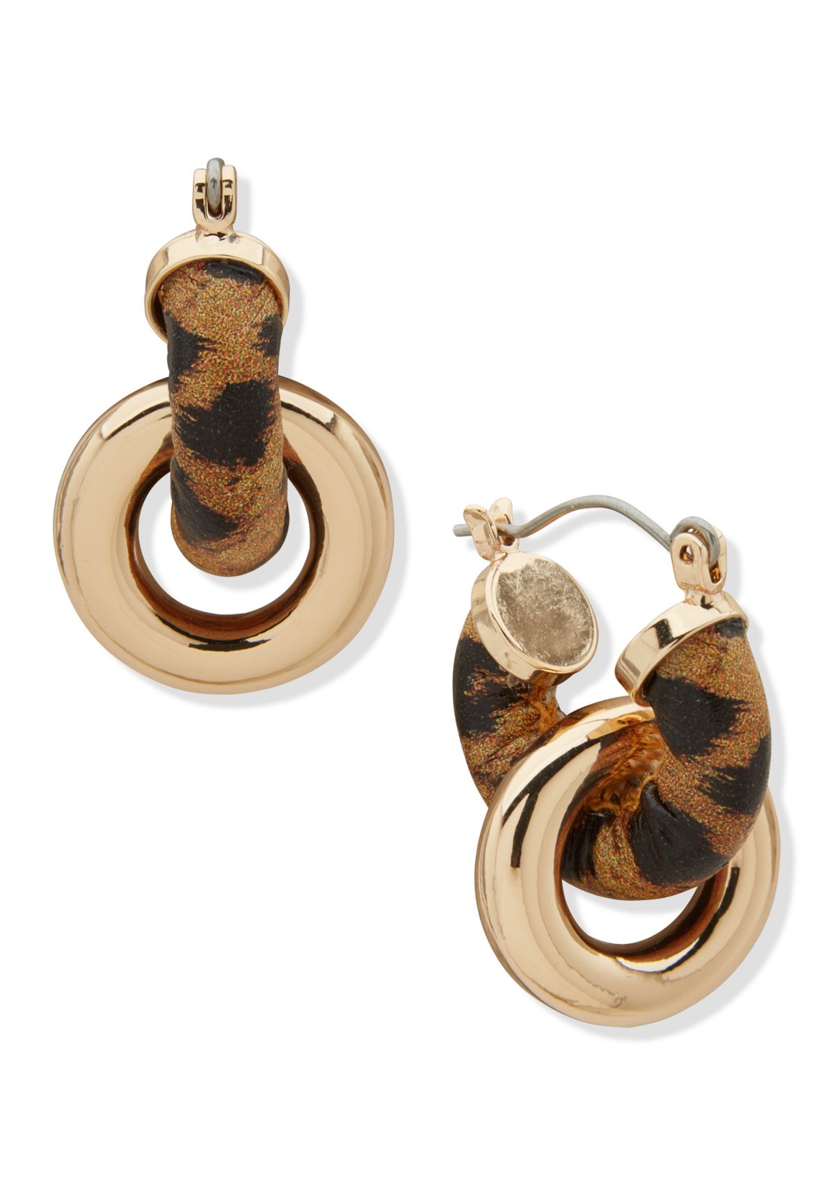 Gold Tone Brown Huggie Link Drop Earrings