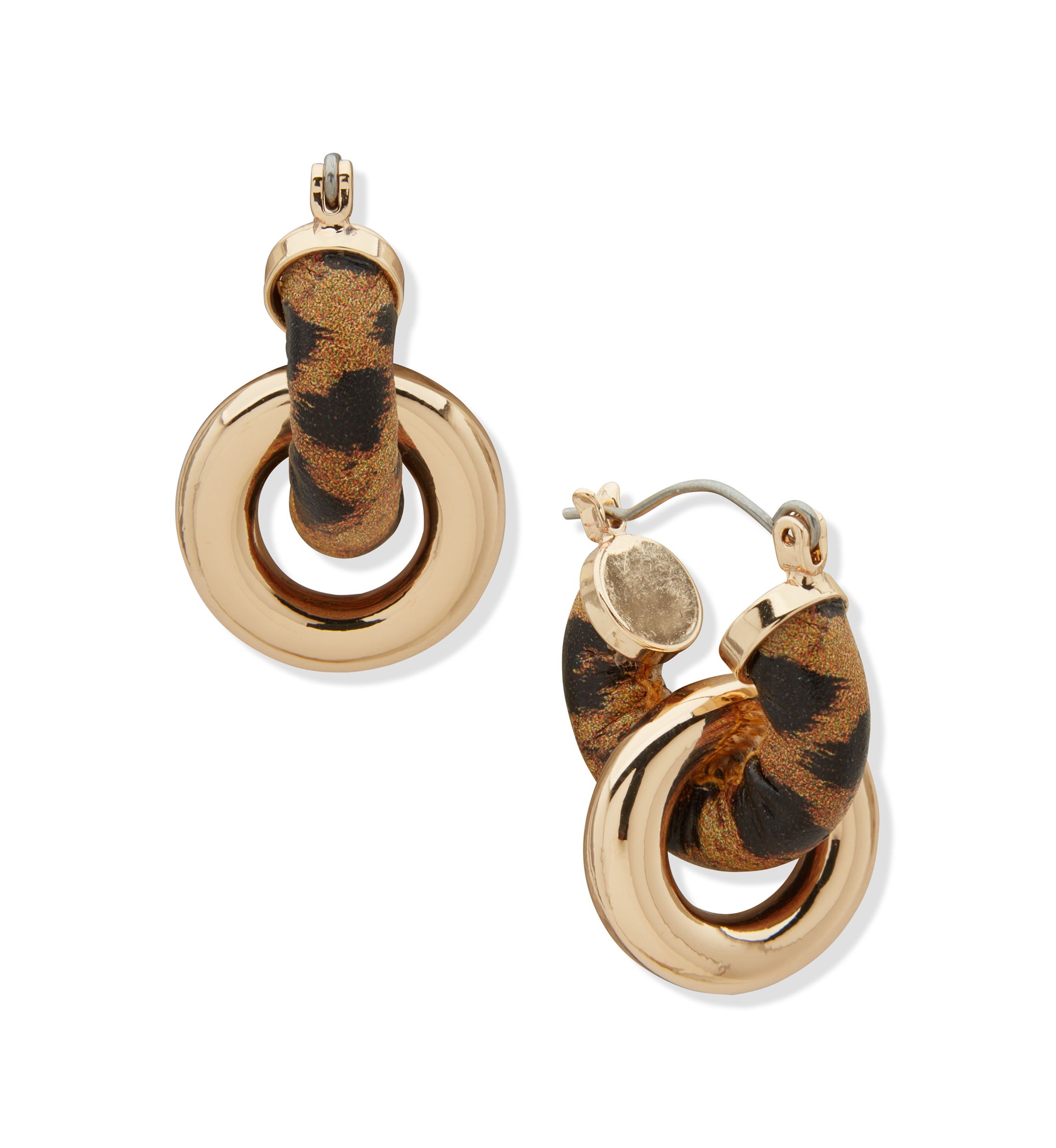 Gold Tone Brown Huggie Link Drop Earrings