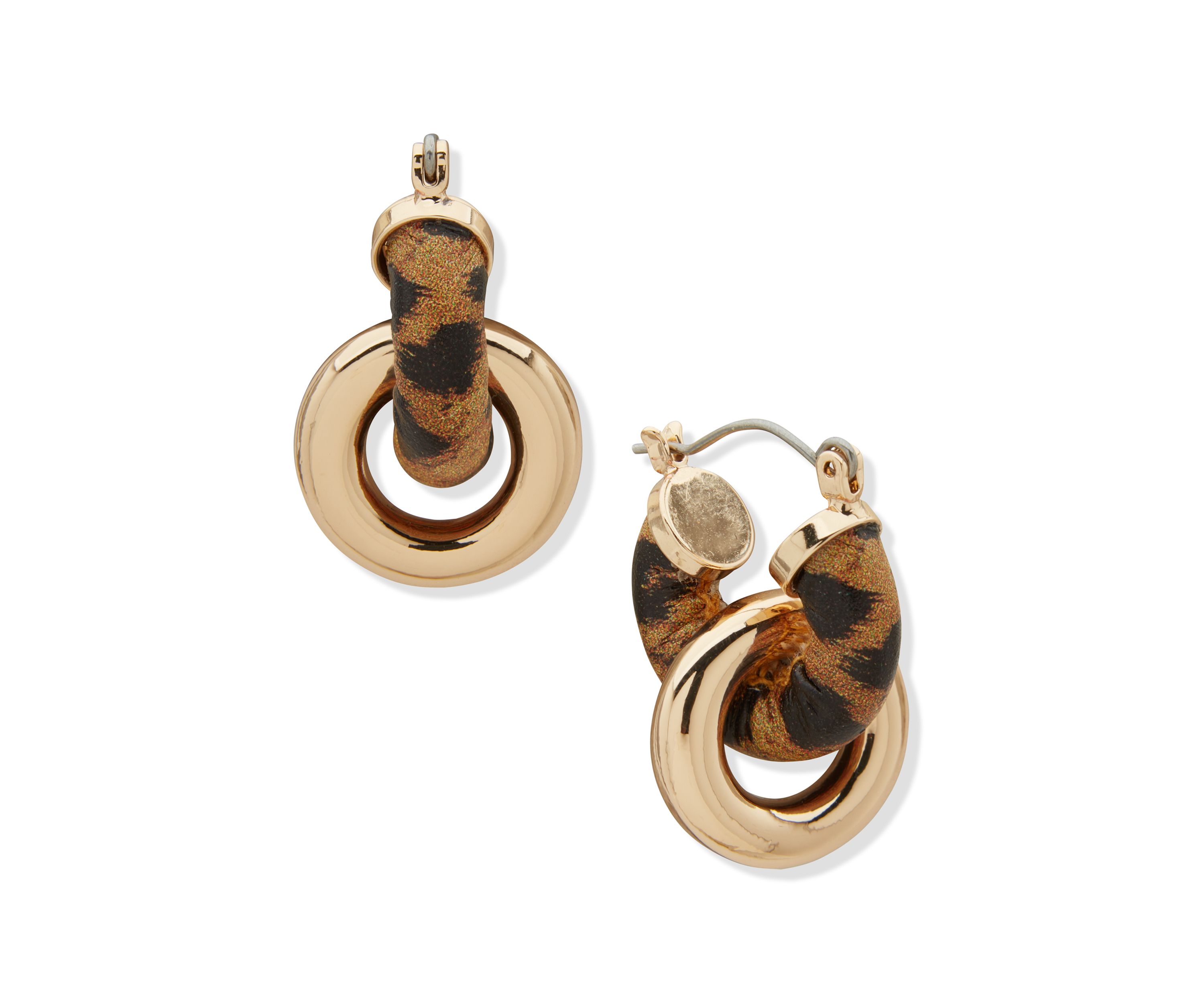 Gold Tone Brown Huggie Link Drop Earrings