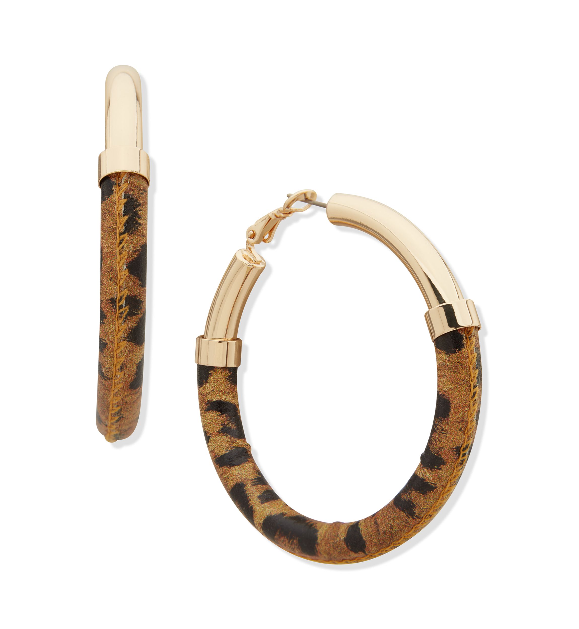 Gold Tone Brown Leopard Hoop Earrings