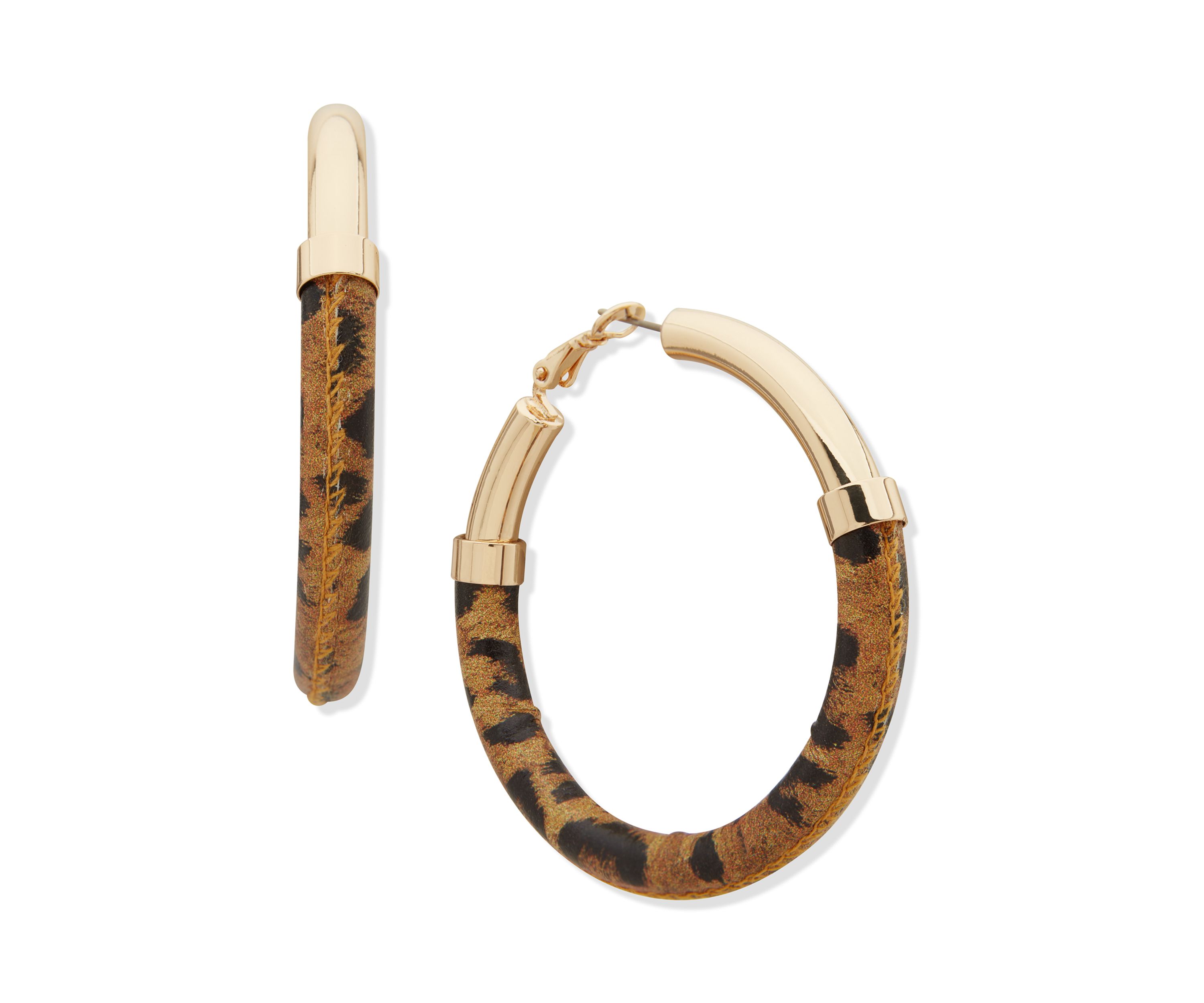 Gold Tone Brown Leopard Hoop Earrings