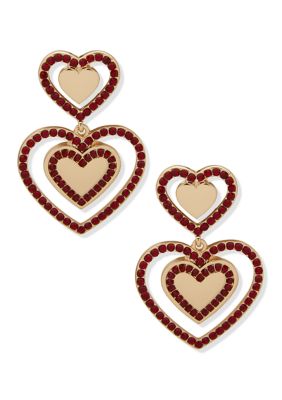 Nine West Red Crystal Heart Double Drop Earrings