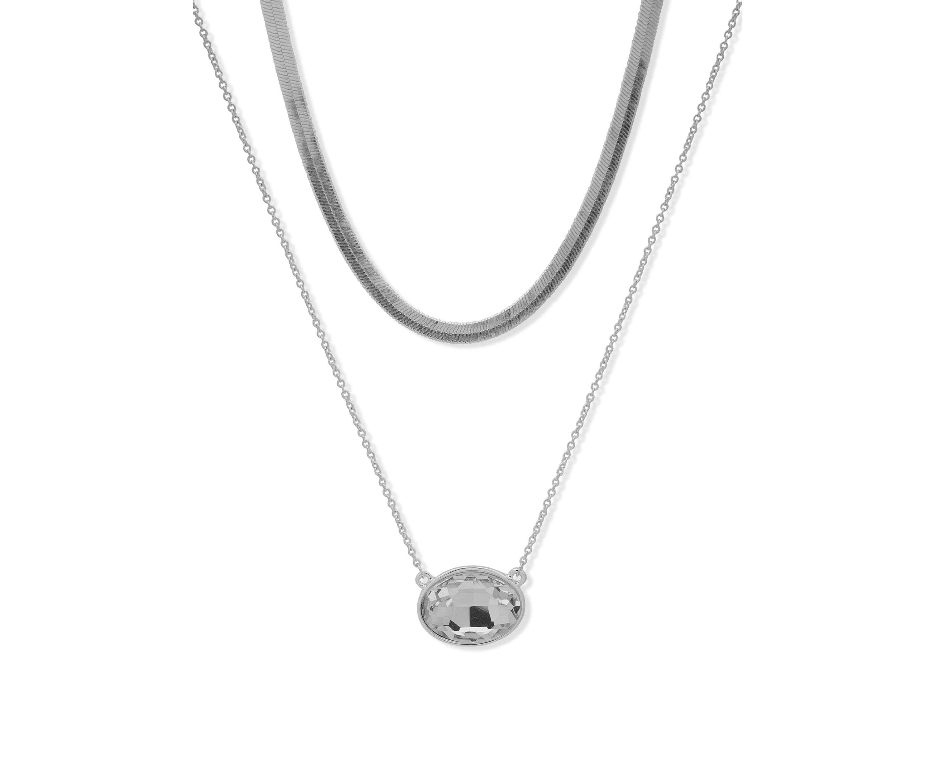Silver Tone 17/19" Multi Row Oval Pendant Necklace