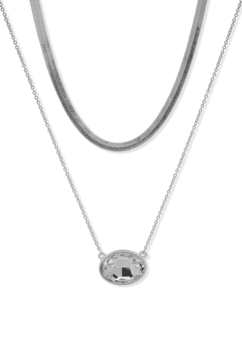 Silver Tone 17/19" Multi Row Oval Pendant Necklace