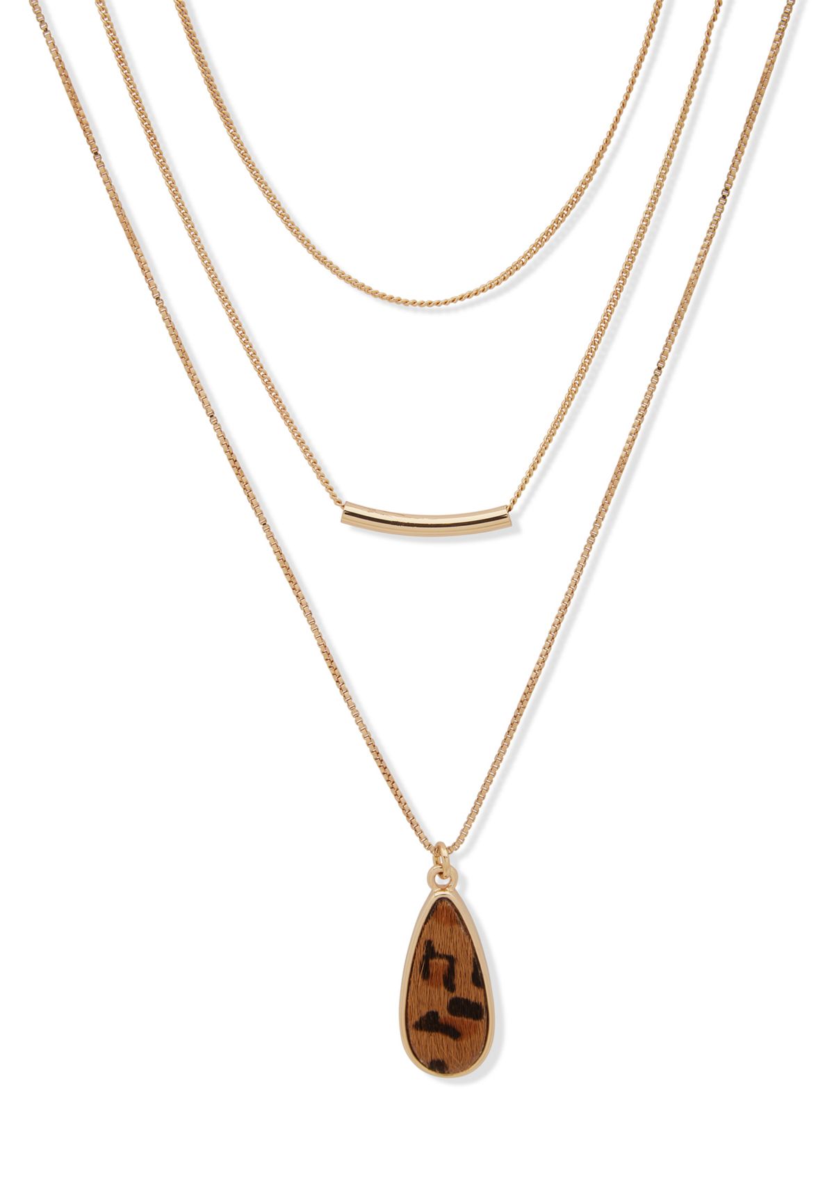 Gold Tone Multi Row Brown Teardrop Necklace