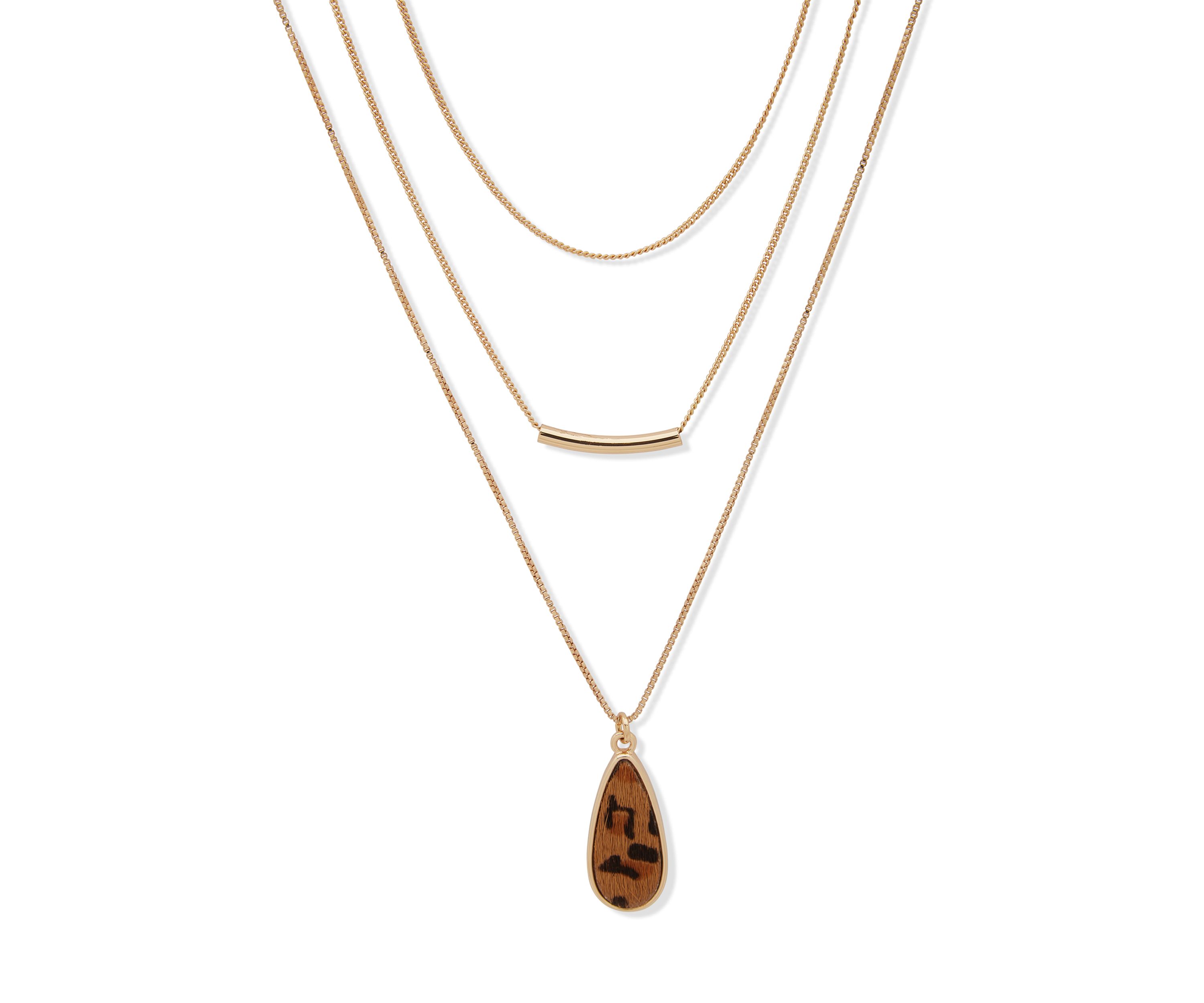 Gold Tone Multi Row Brown Teardrop Necklace