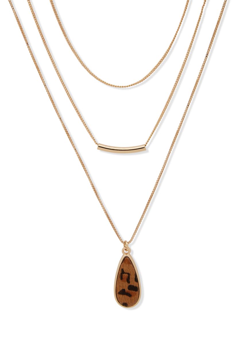 Gold Tone Multi Row Brown Teardrop Necklace