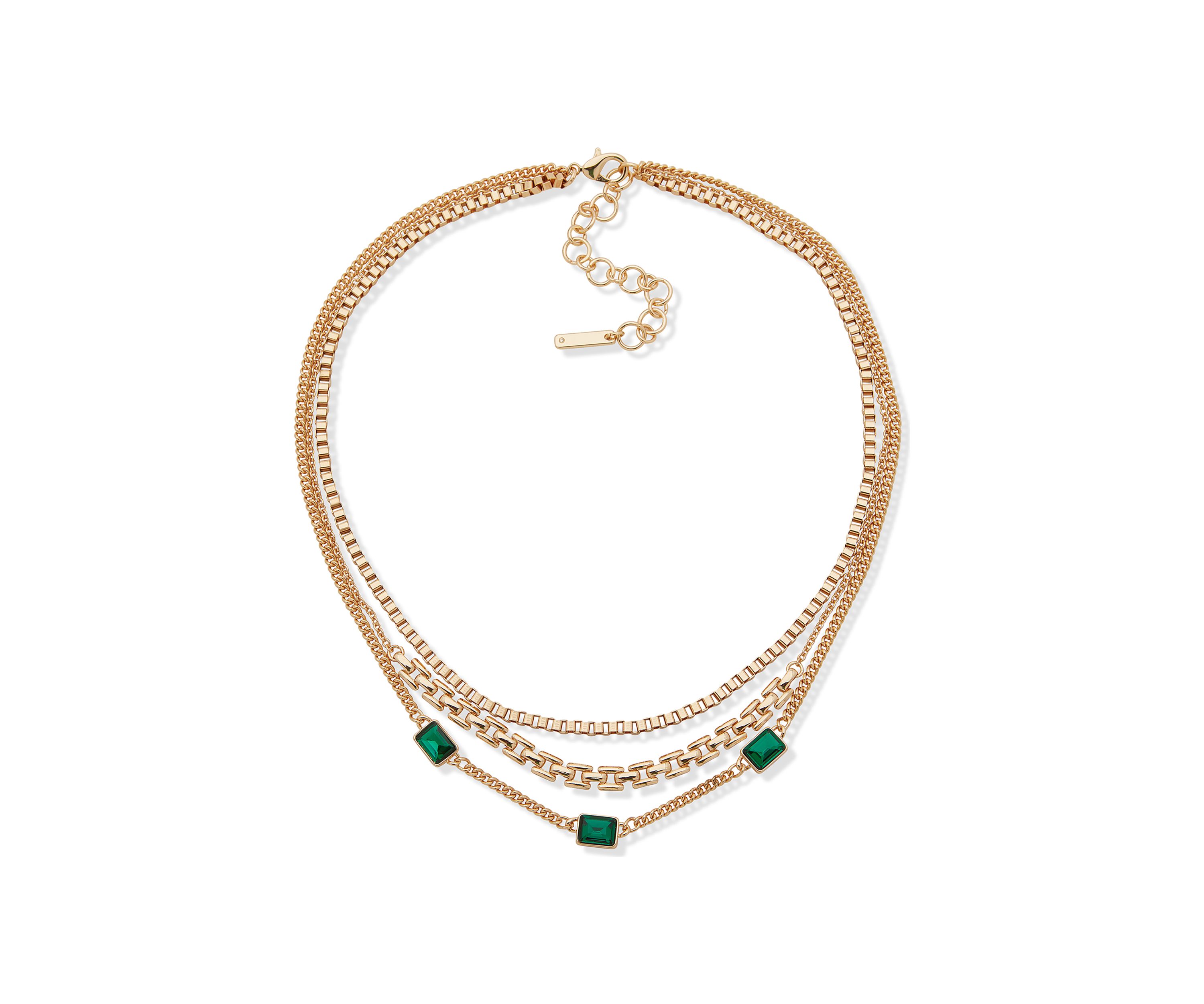 Gold Tone Emerald Multi Row Necklace