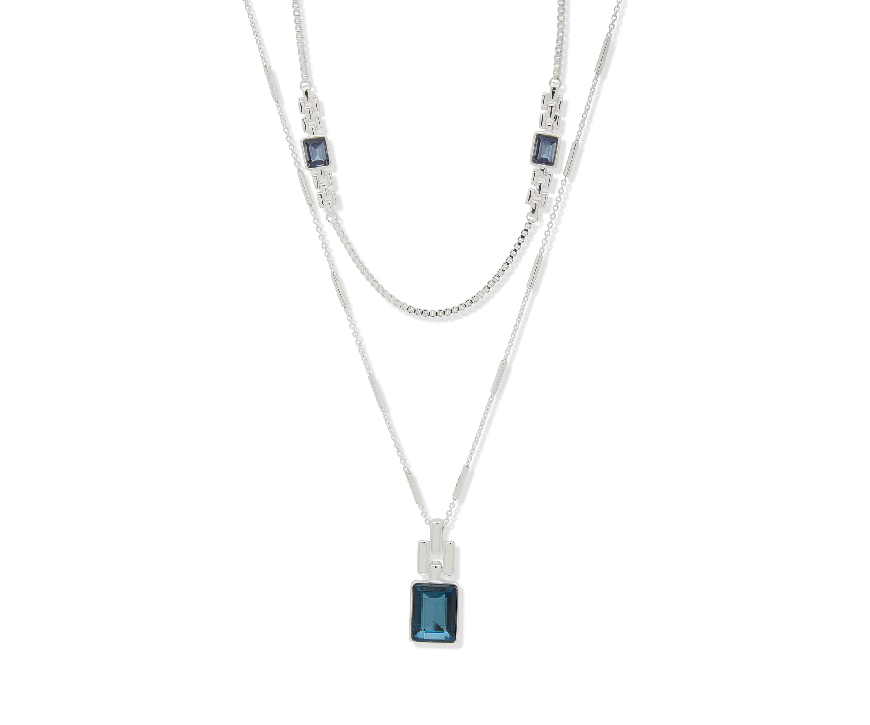 Silver Tone Stone Multi Row Long Necklace