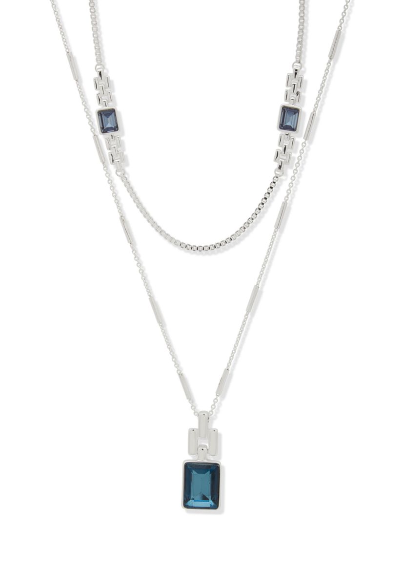 Silver Tone Stone Multi Row Long Necklace