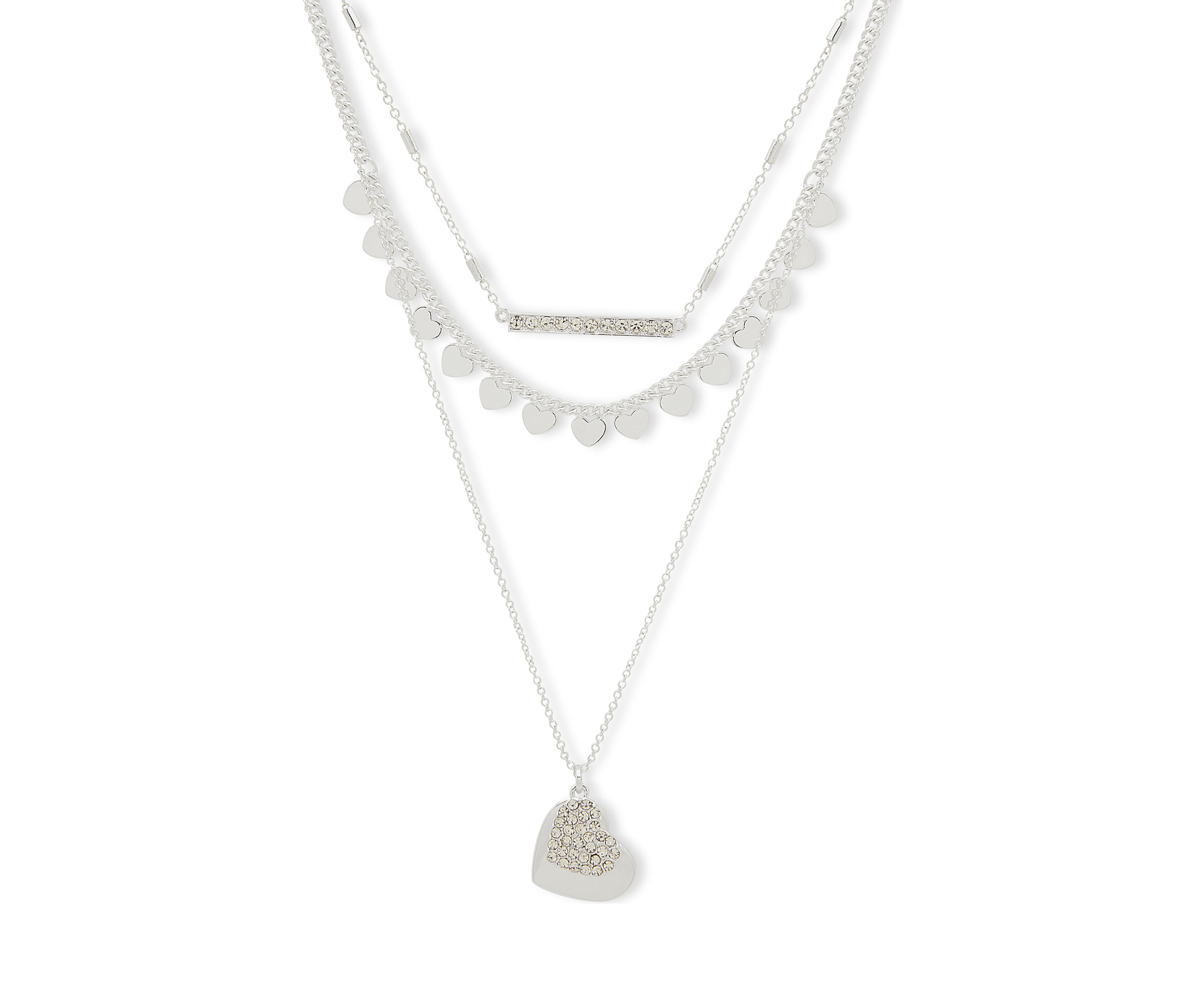 Silver Tone Multi Row Heart Pendant Necklace