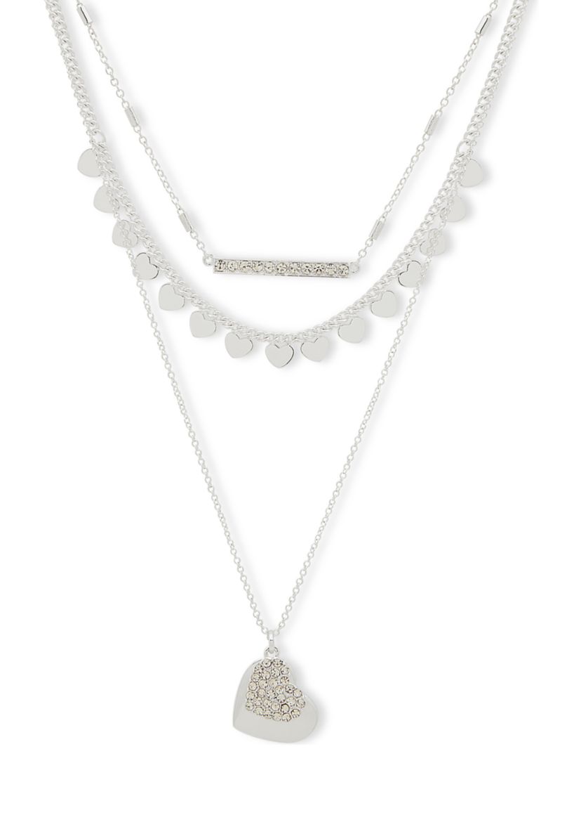 Silver Tone Multi Row Heart Pendant Necklace