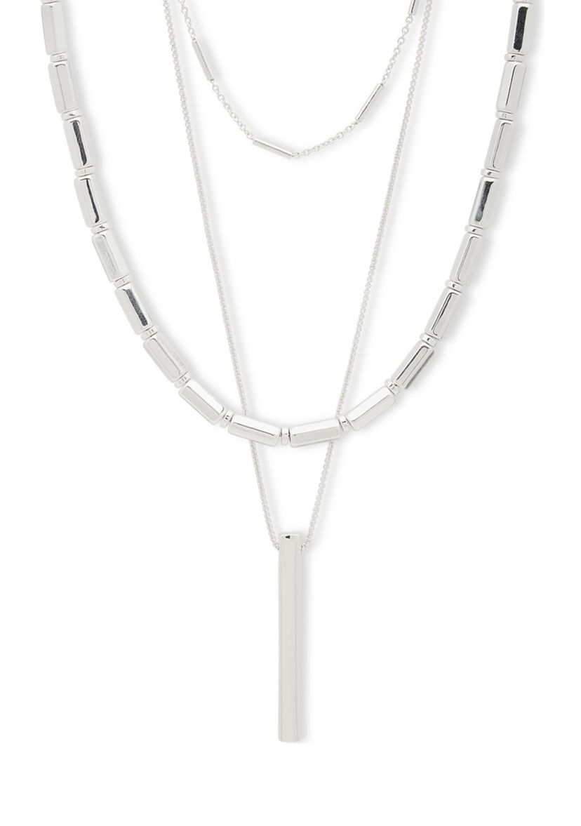 Silver Tone Multirow Long Bar Pendant Necklace